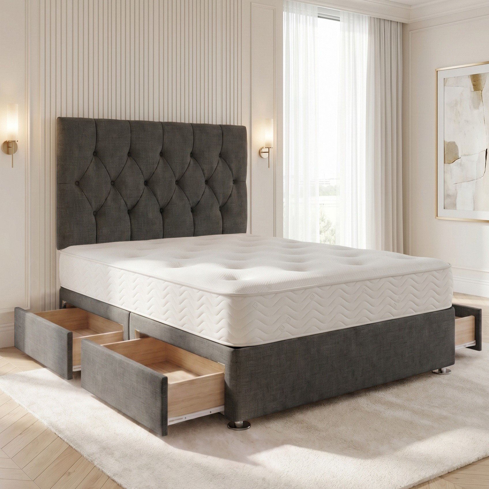 Somnior Chester Linen Small Double 4 Draw Open Coil Divan Bed - Charcoal
