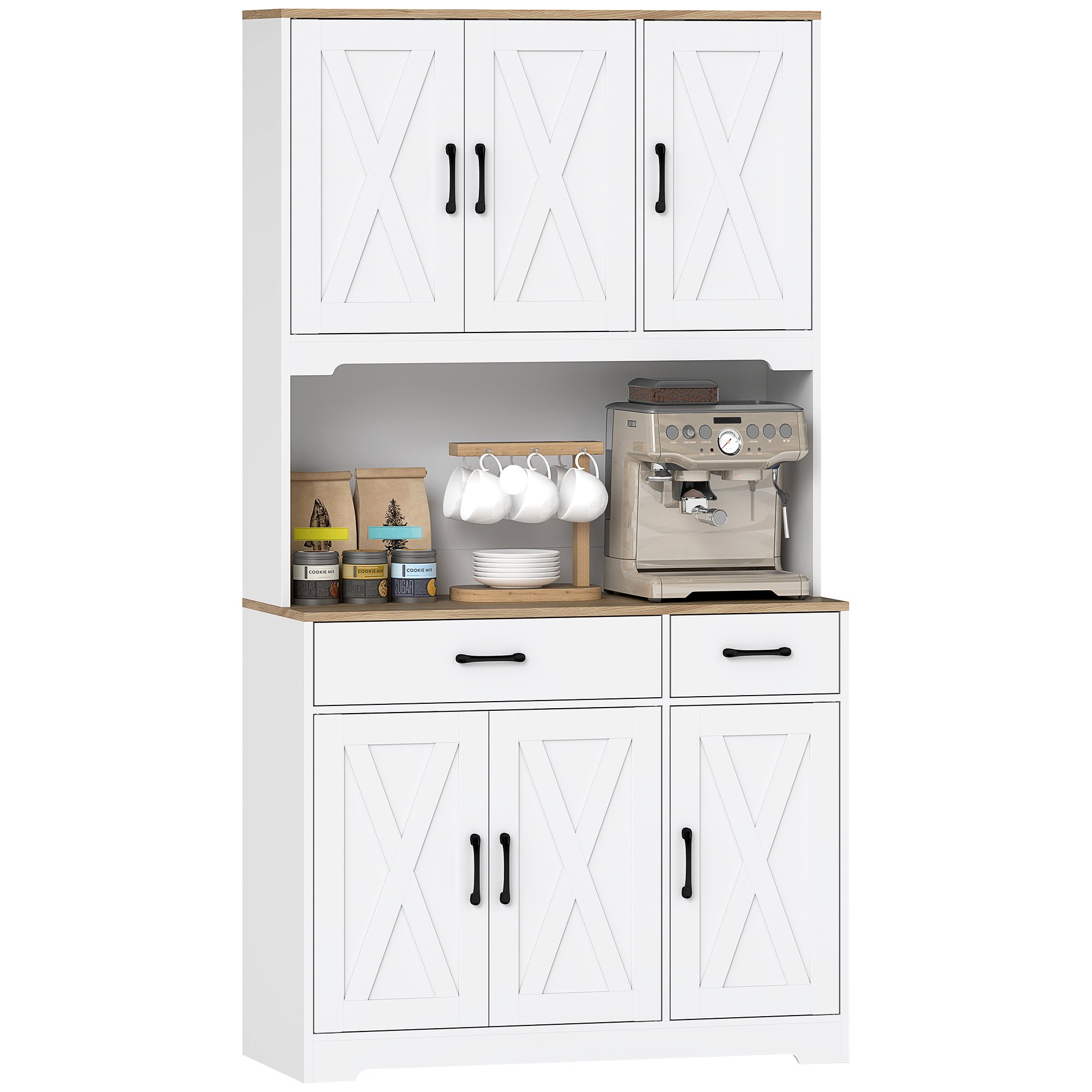 HOMCOM Farmhouse Kitchen Pantry with Microwave Stand - White