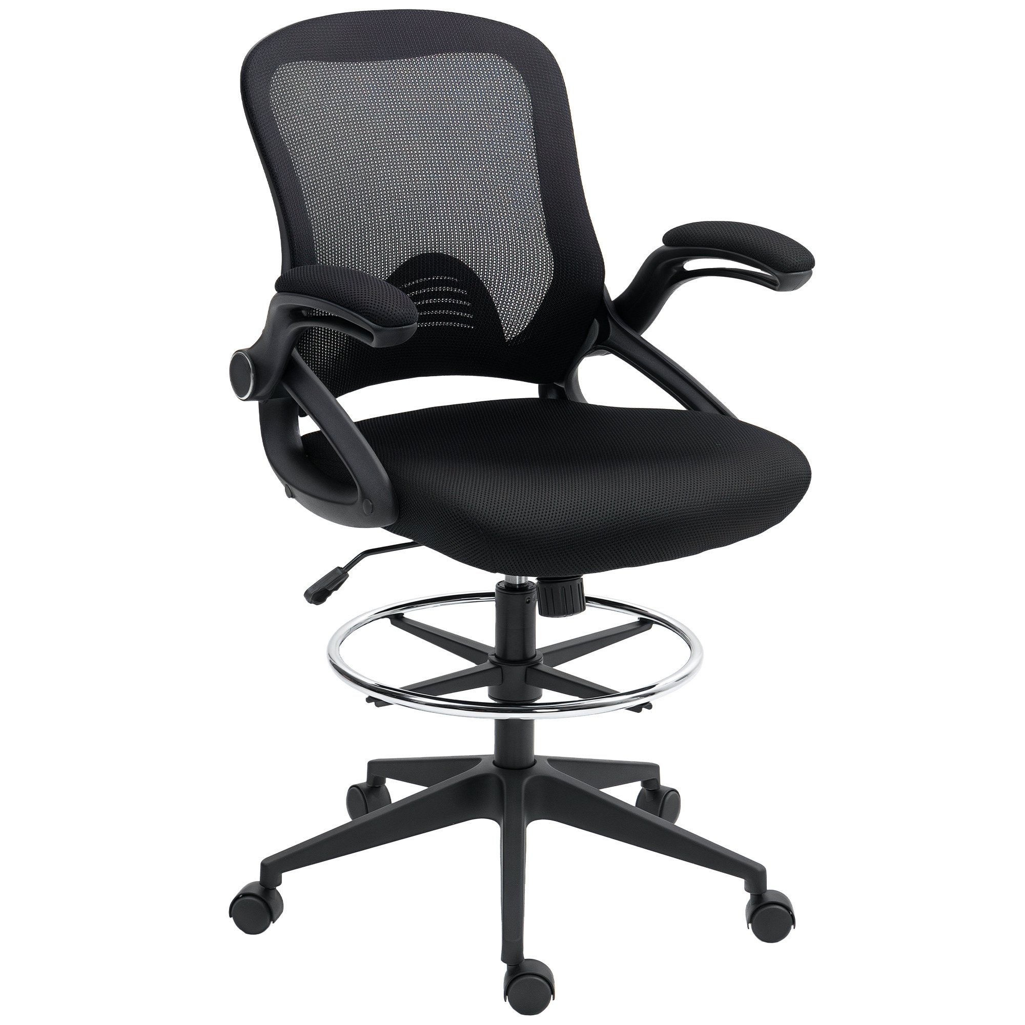Vinsetto Flip up Armrest Drafting Mesh Office Stool - Black