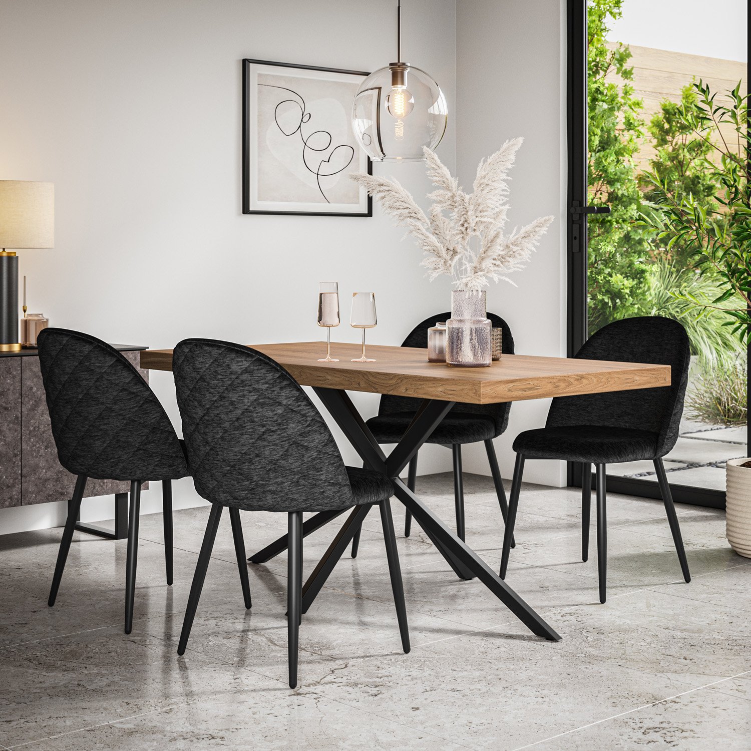 Furniture Online Donni Oak Effect Dining Table & 6 Raye Black Chairs