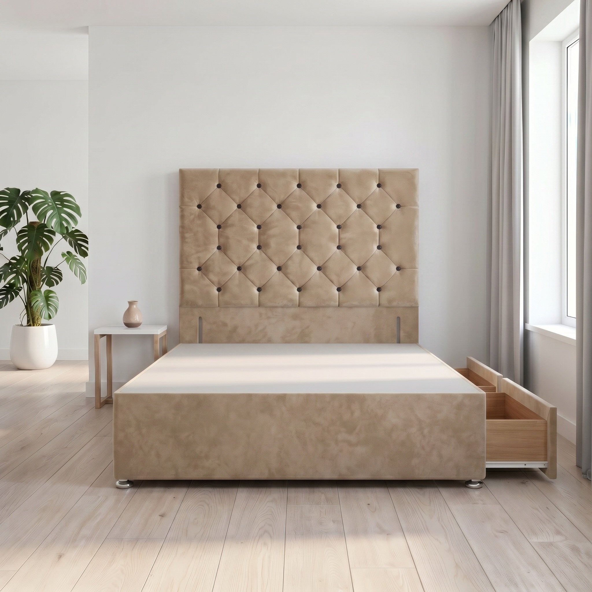 Somnior Diamante Velvet 5FT King 2 Drawer Divan Bed Base - Beige