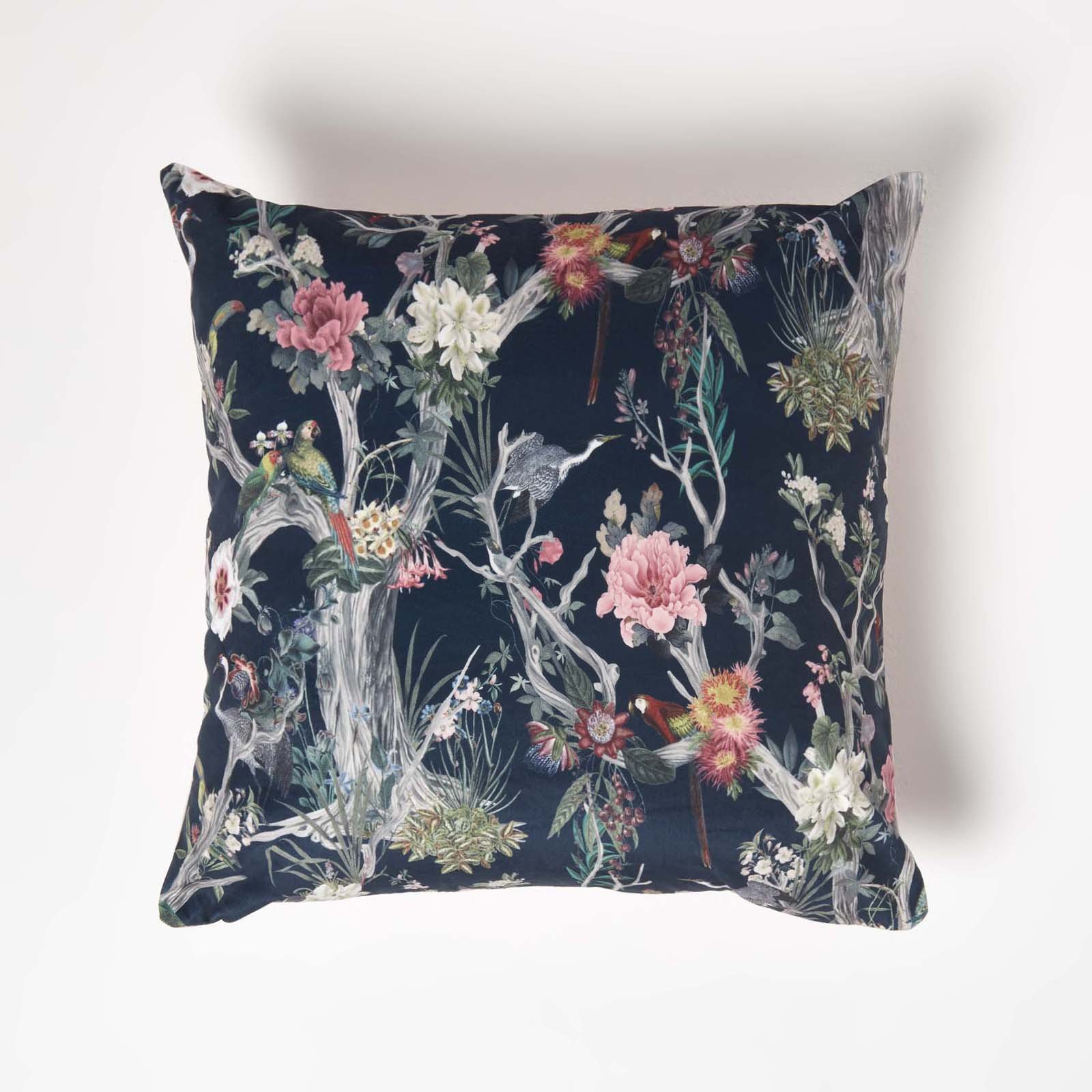Homescapes Navy Garden Parrot Velvet Filled Cushion