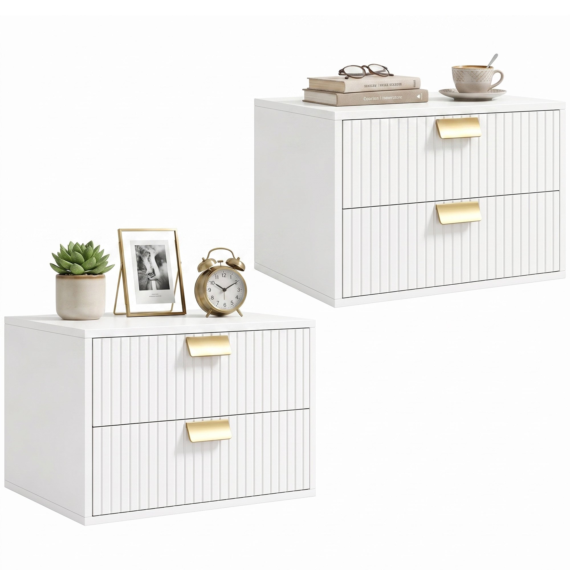 HOMCOM Set of 2 Floating Nightstands with 2 Wave Drawers - White