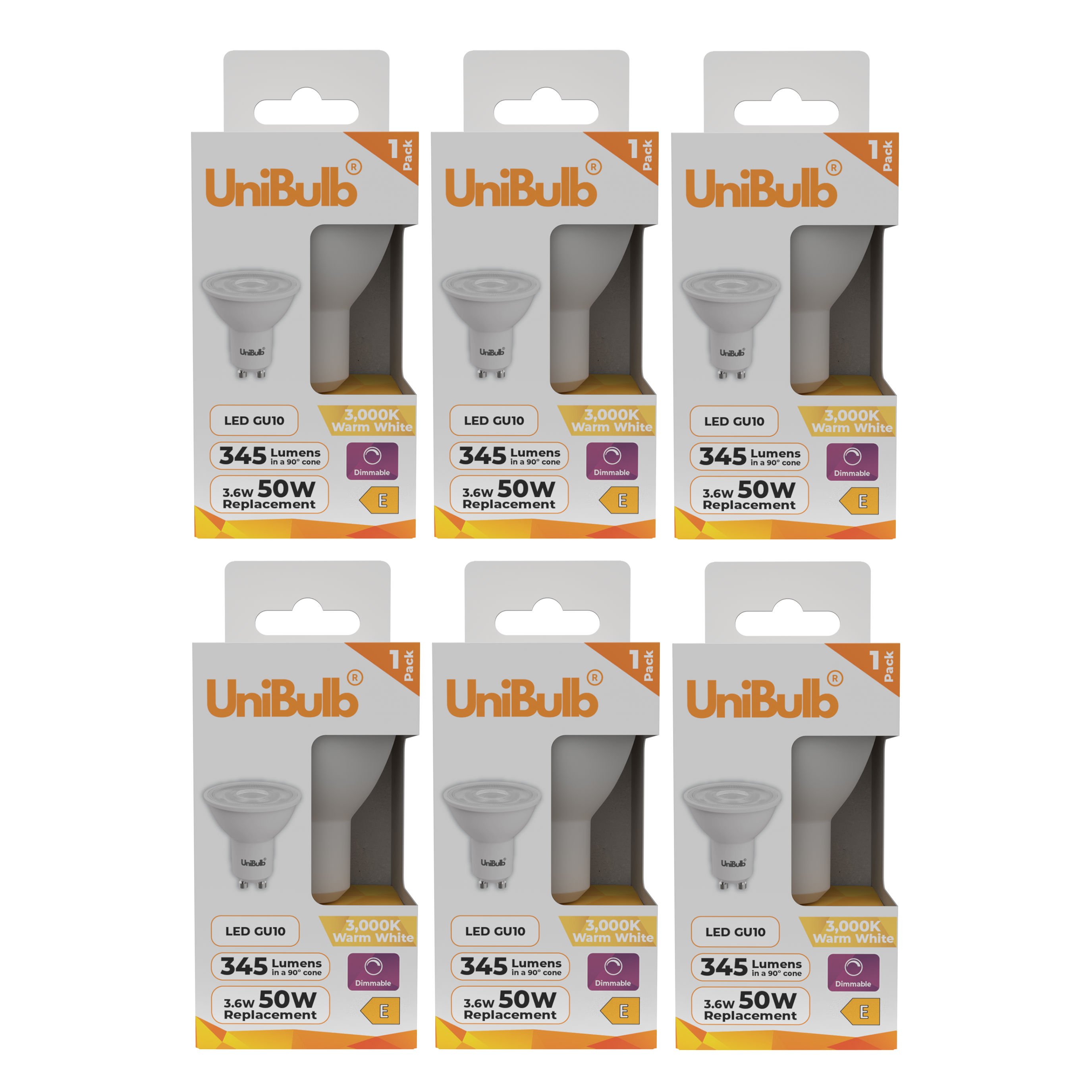UniBulb 3.6W LED Warm White Dimmable Spotlight GU10 Light Bulb - Pack of 6