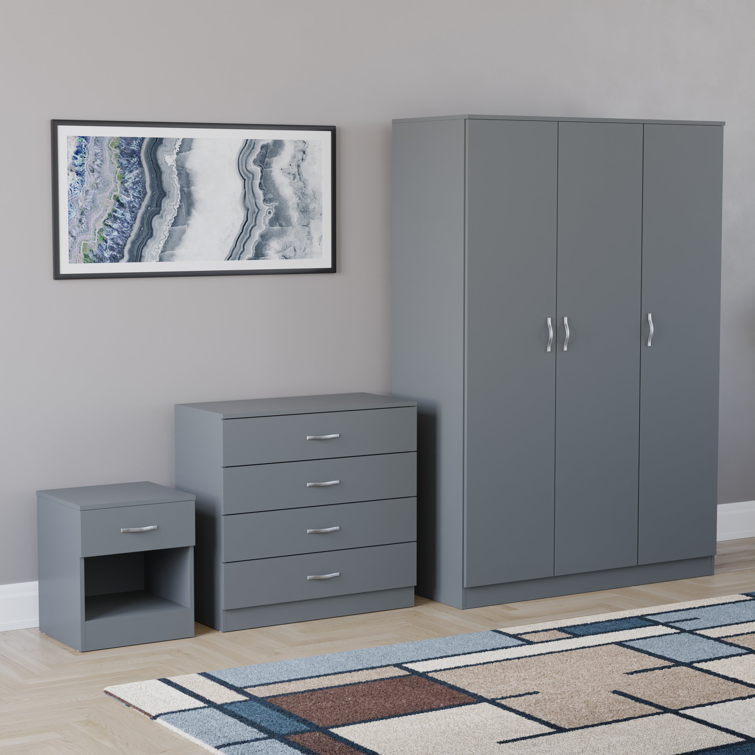 Vida Designs Riano Bedroom Set (Bedside, 4 Drawer Chest, 3 Door Wardrobe) - Grey