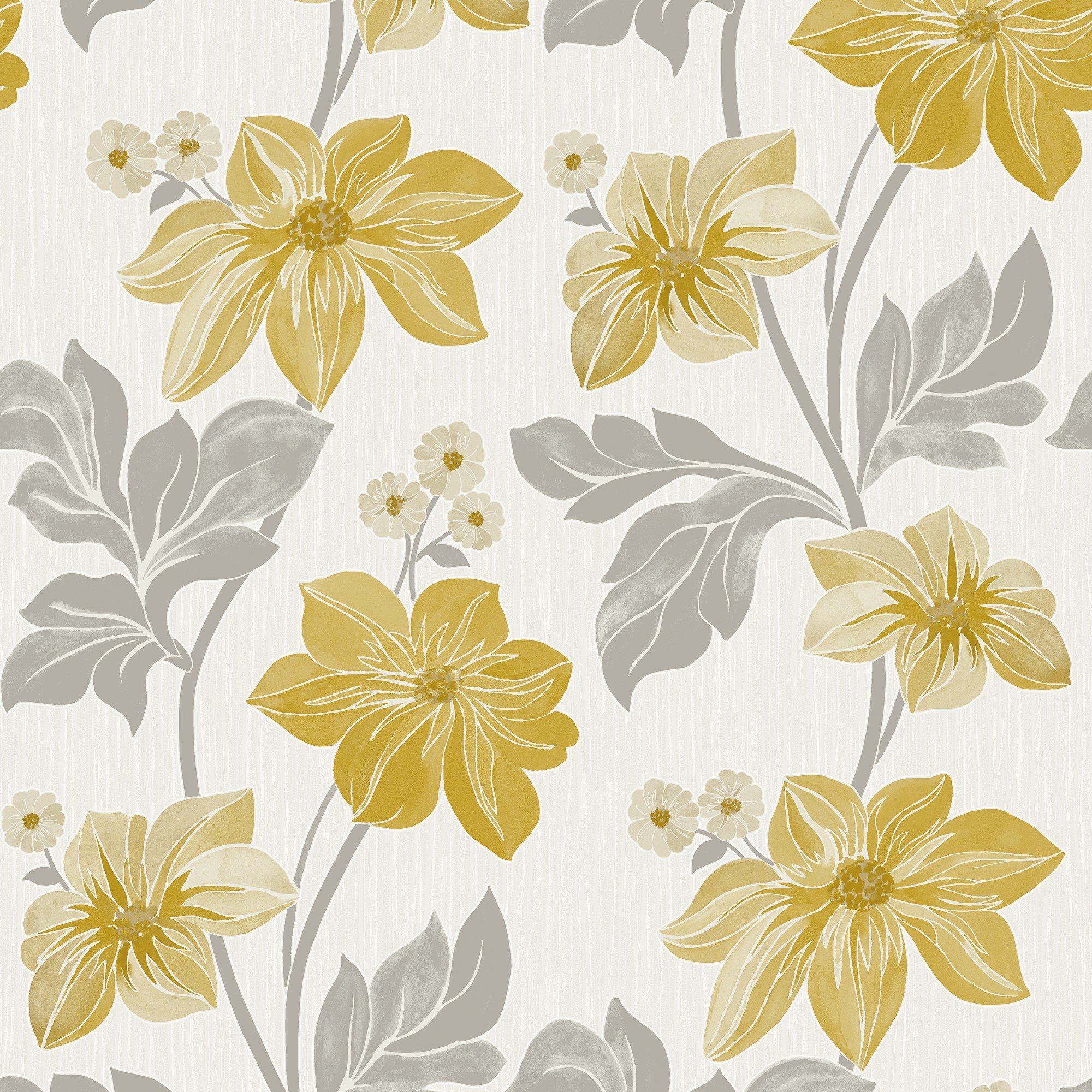 Grandeco Clematis Floral Trail Textured Blown Vinyl Wallpaper - Yellow