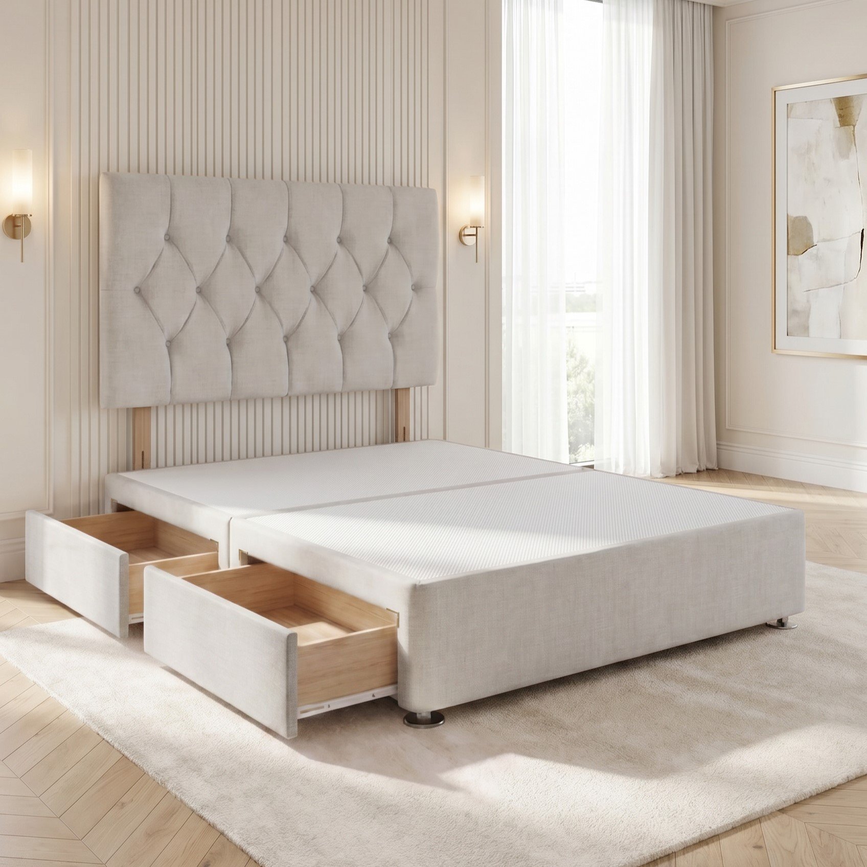 Somnior Chester Linen Small Double 2 Draw Divan Bed with Headboard - Light Grey