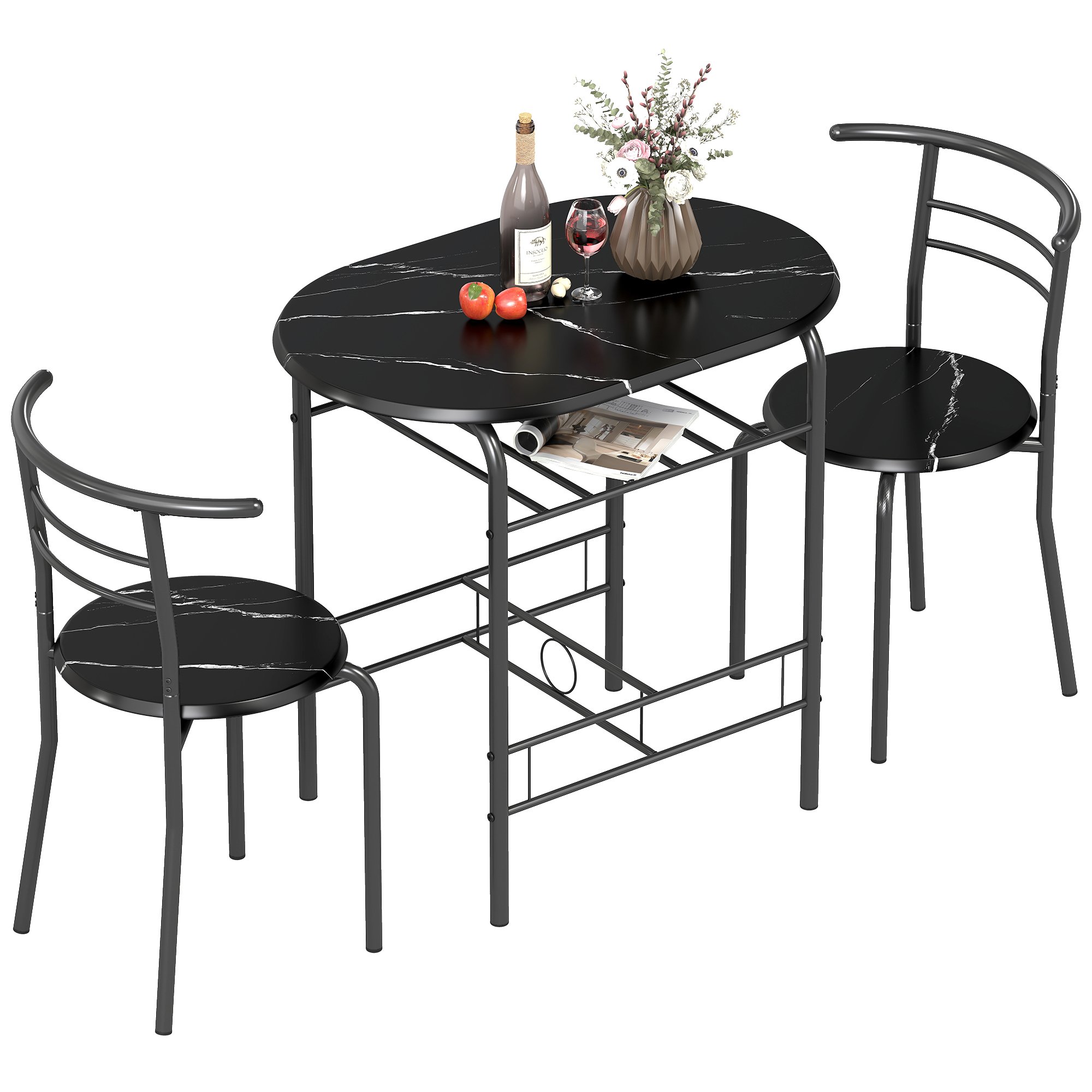HOMCOM 3 Piece Metal Dining Table with Storage Shelf - Black