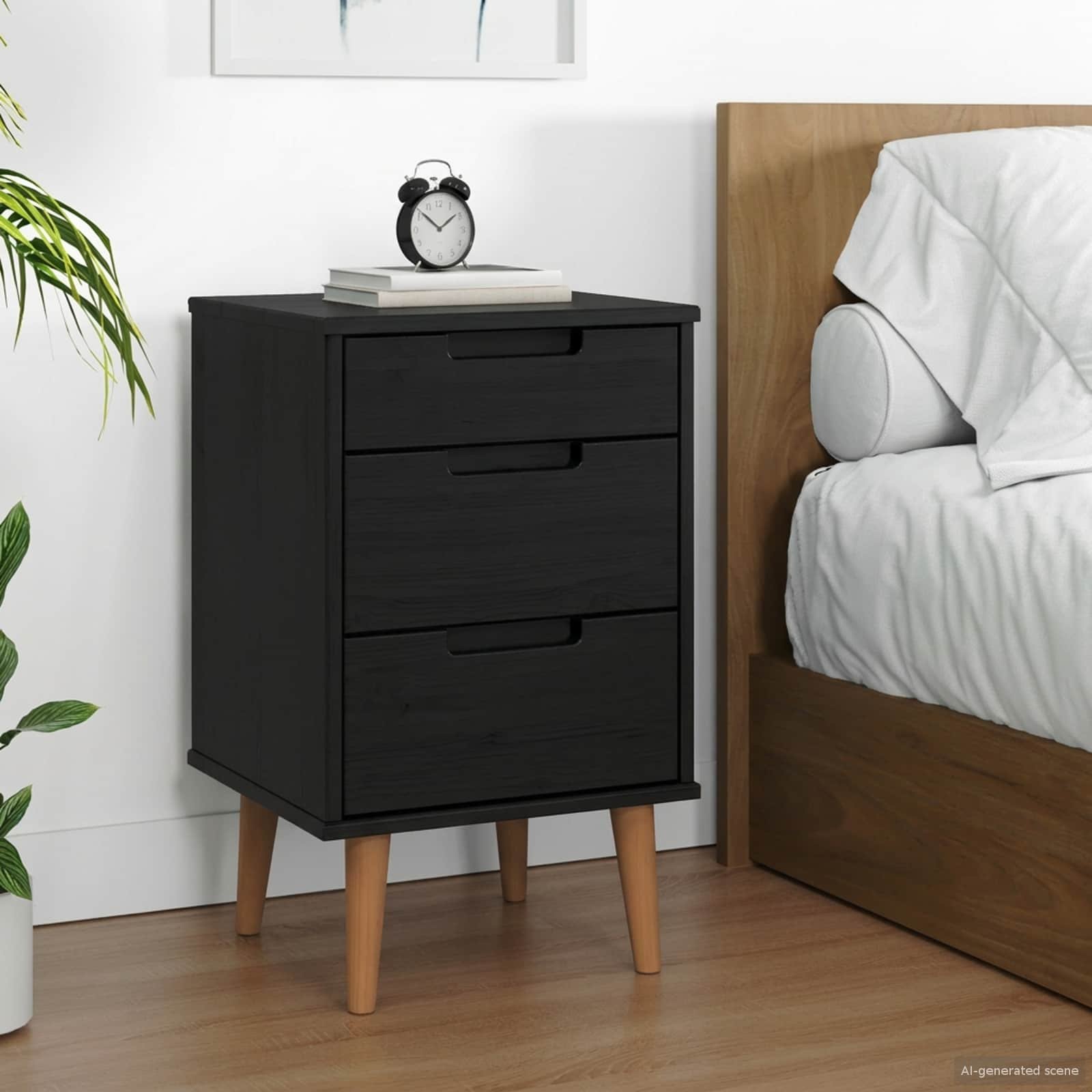 Walplus Solid Pine Bedside Cabinet - Black - 40 x 35 x 65 cm