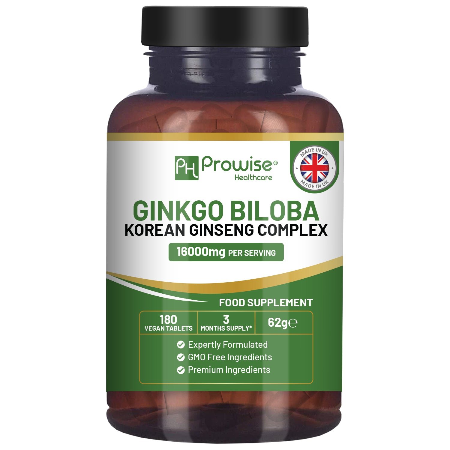 Prowise Vegan 16000mg Ginkgo Biloba and Korean Ginseng - 180 Tablets