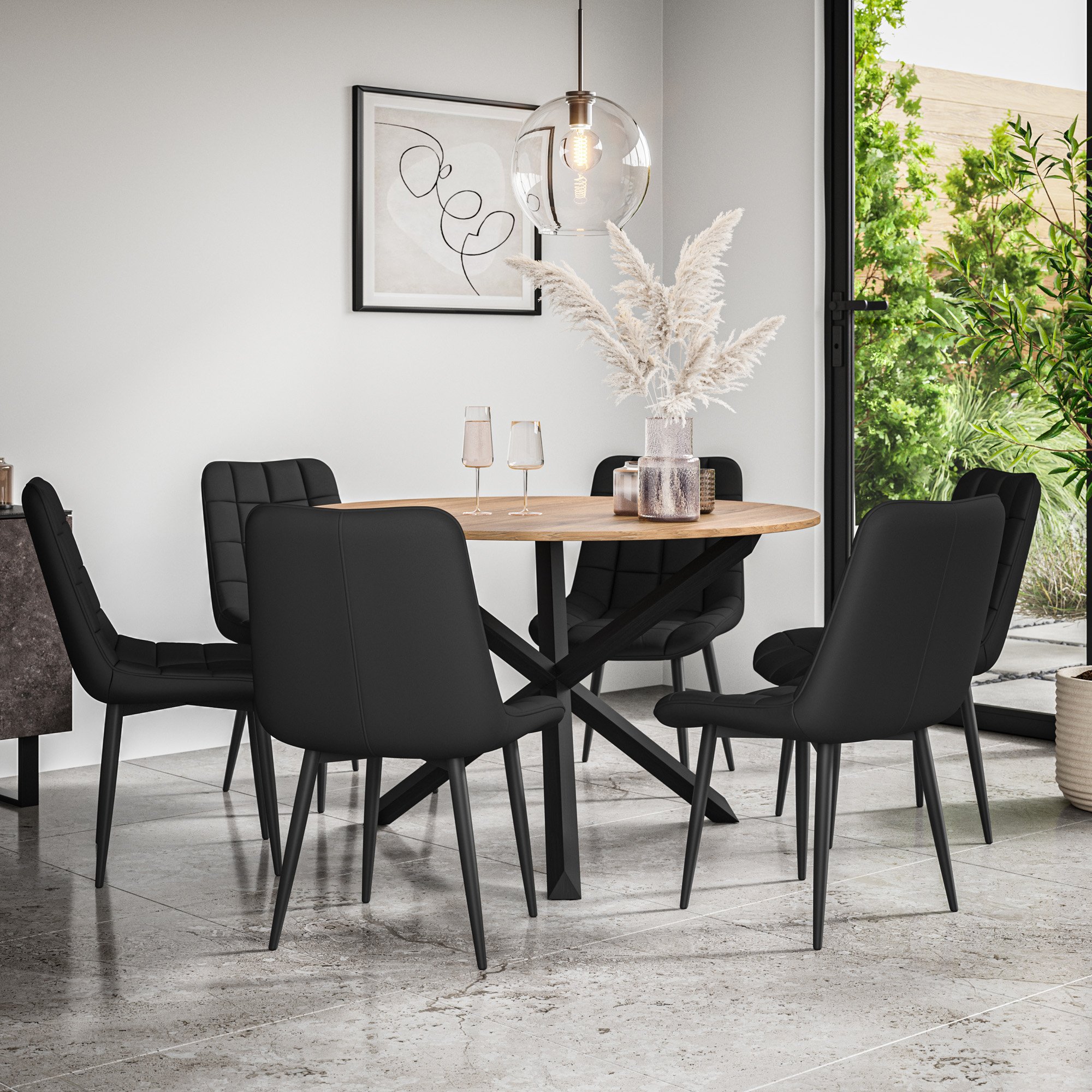 Furniture Online Malvern Nova Oak Table Dining Table & 6 Black Chairs
