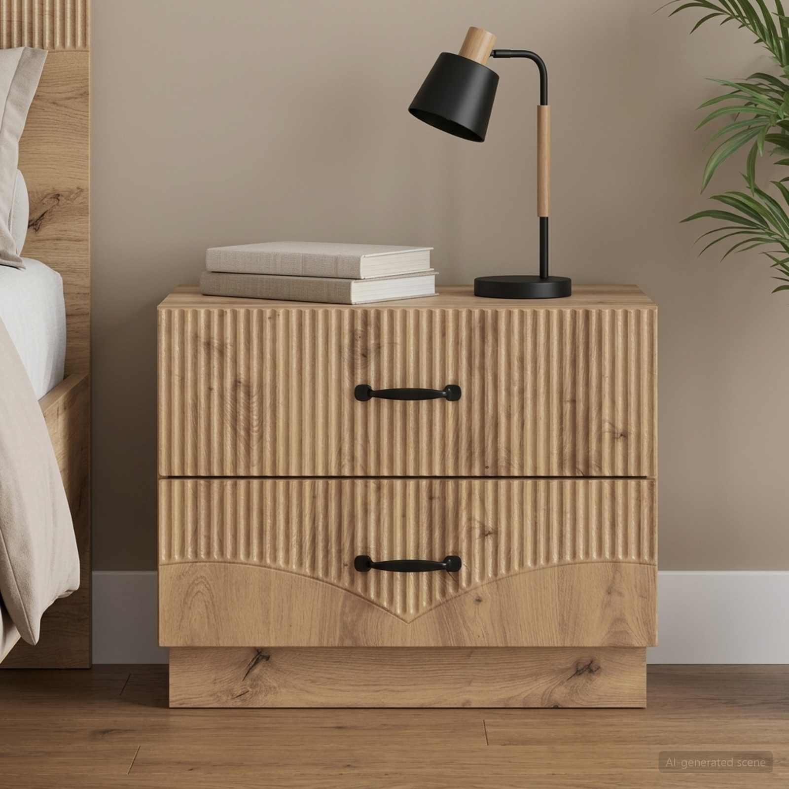 Walplus 2 Drawer Bedside Cabinet - Oak - 62 x 34.5 x 44.5 cm