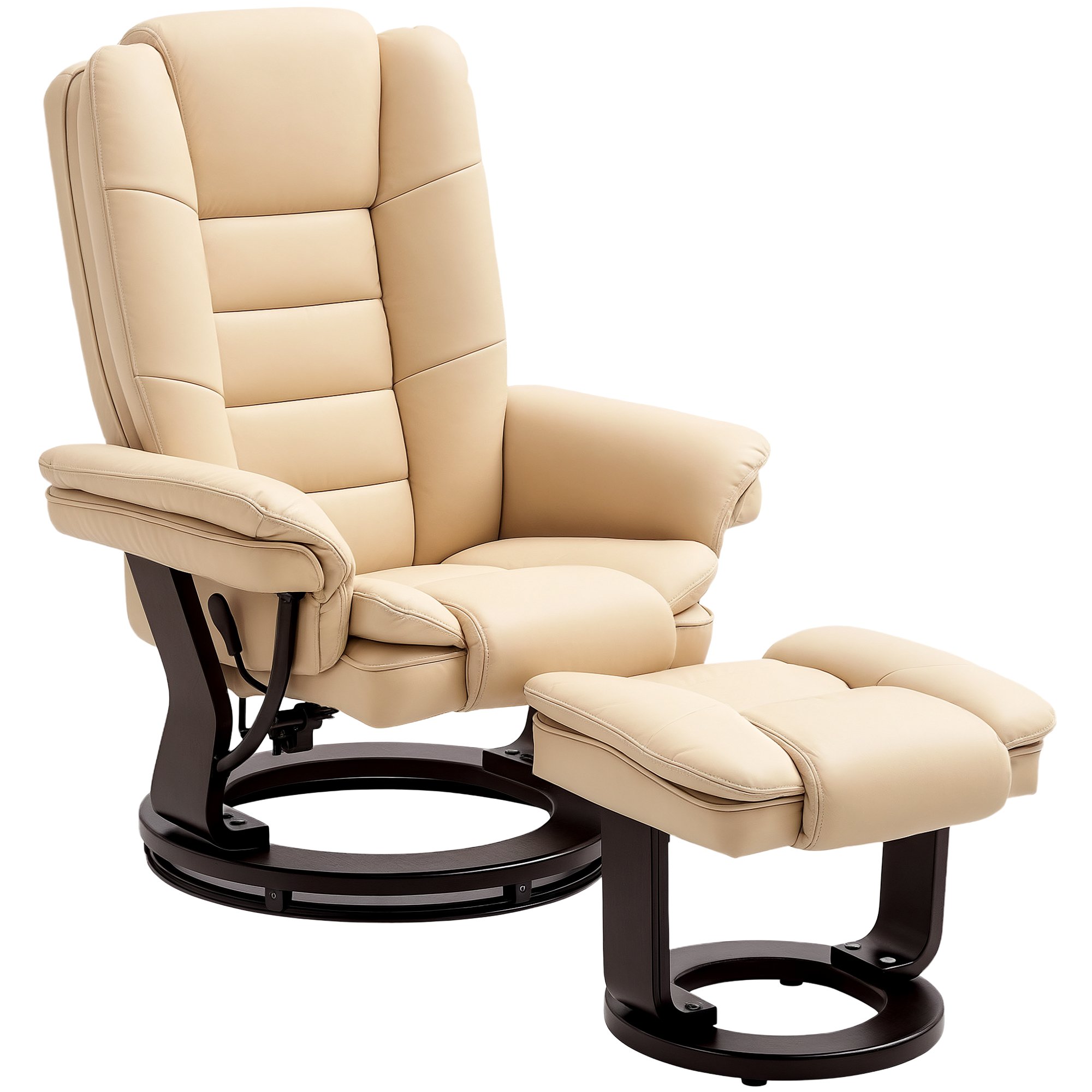 HOMCOM PU Leather Swivel Recliner Armchair with Swivel Wood Base - Beige
