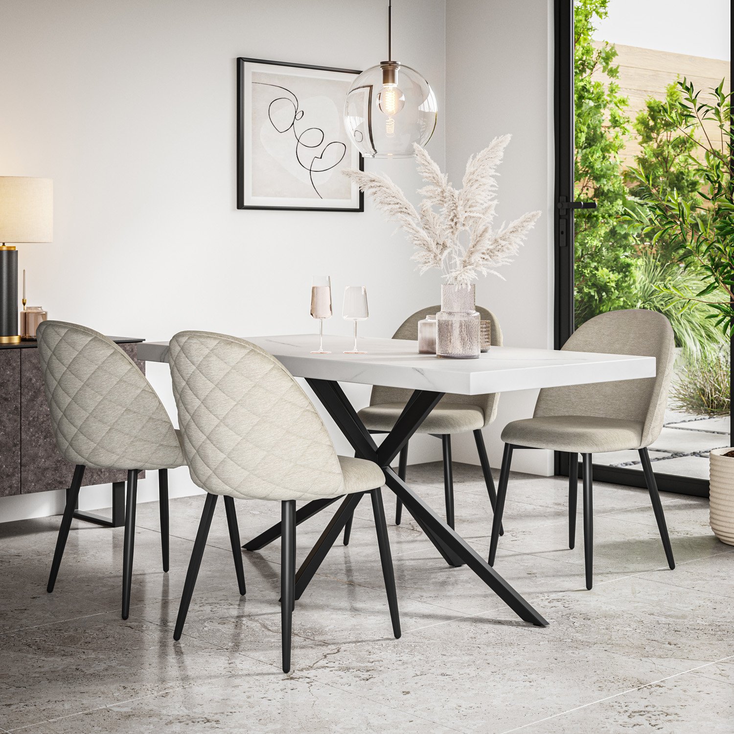 Furniture Online Donni Marble Effect Dining Table & 4 Raye Beige Chairs