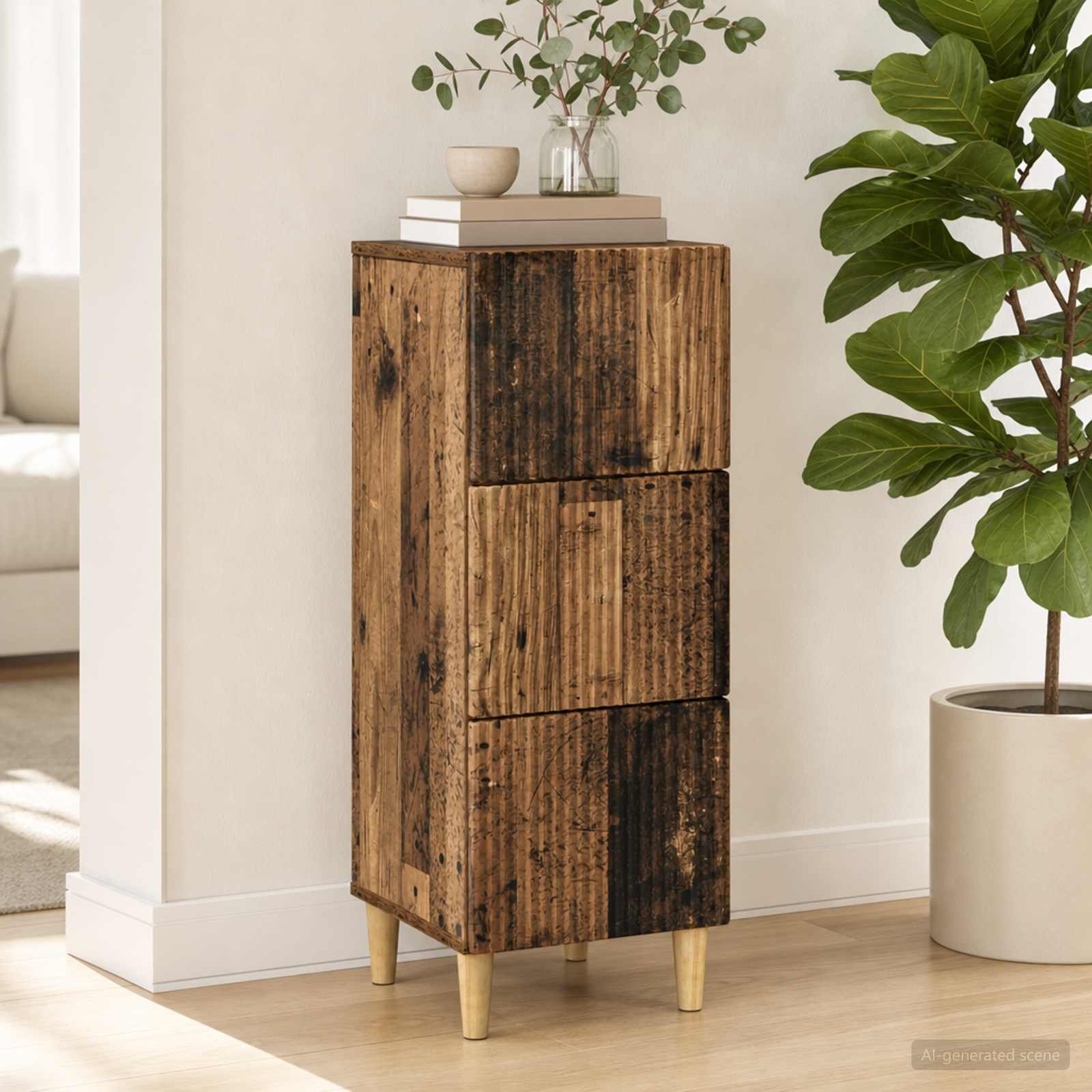Walplus Engineered Wood Drawer Cabinet Open Shelf - Old Wood - 33 x 34.5 x 90 cm