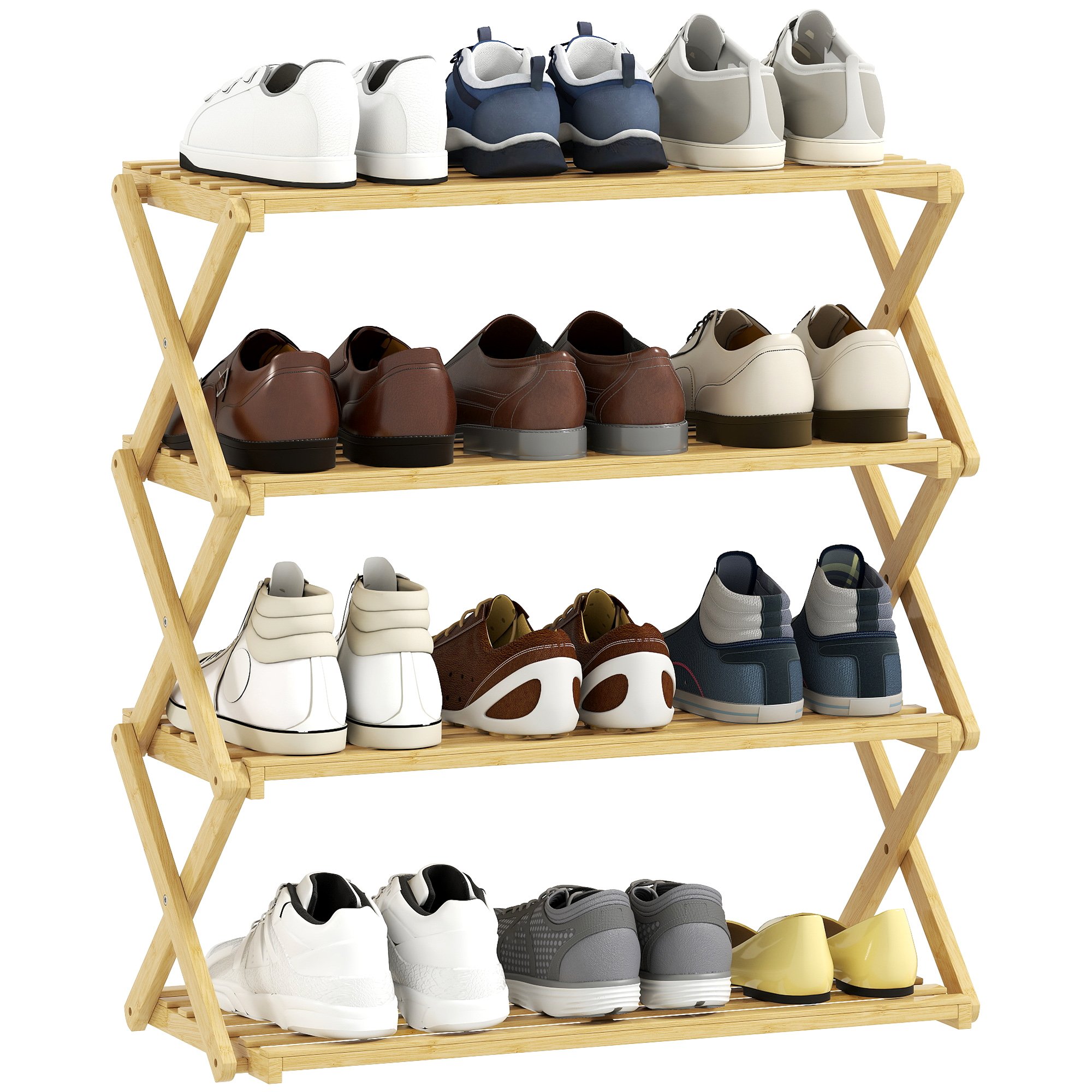 HOMCOM 4 Tier Bamboo Folding Shoe Rack - Natural
