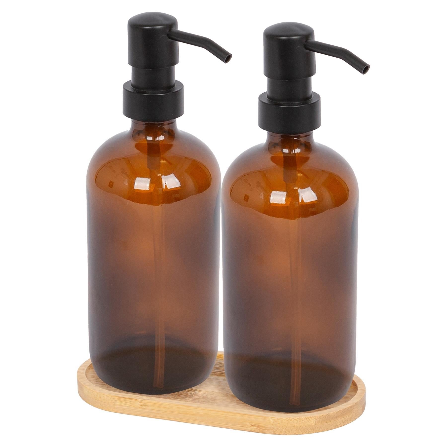 Harbour Housewares 2 Piece Glass Soap Dispenser Set with Bamboo Tray