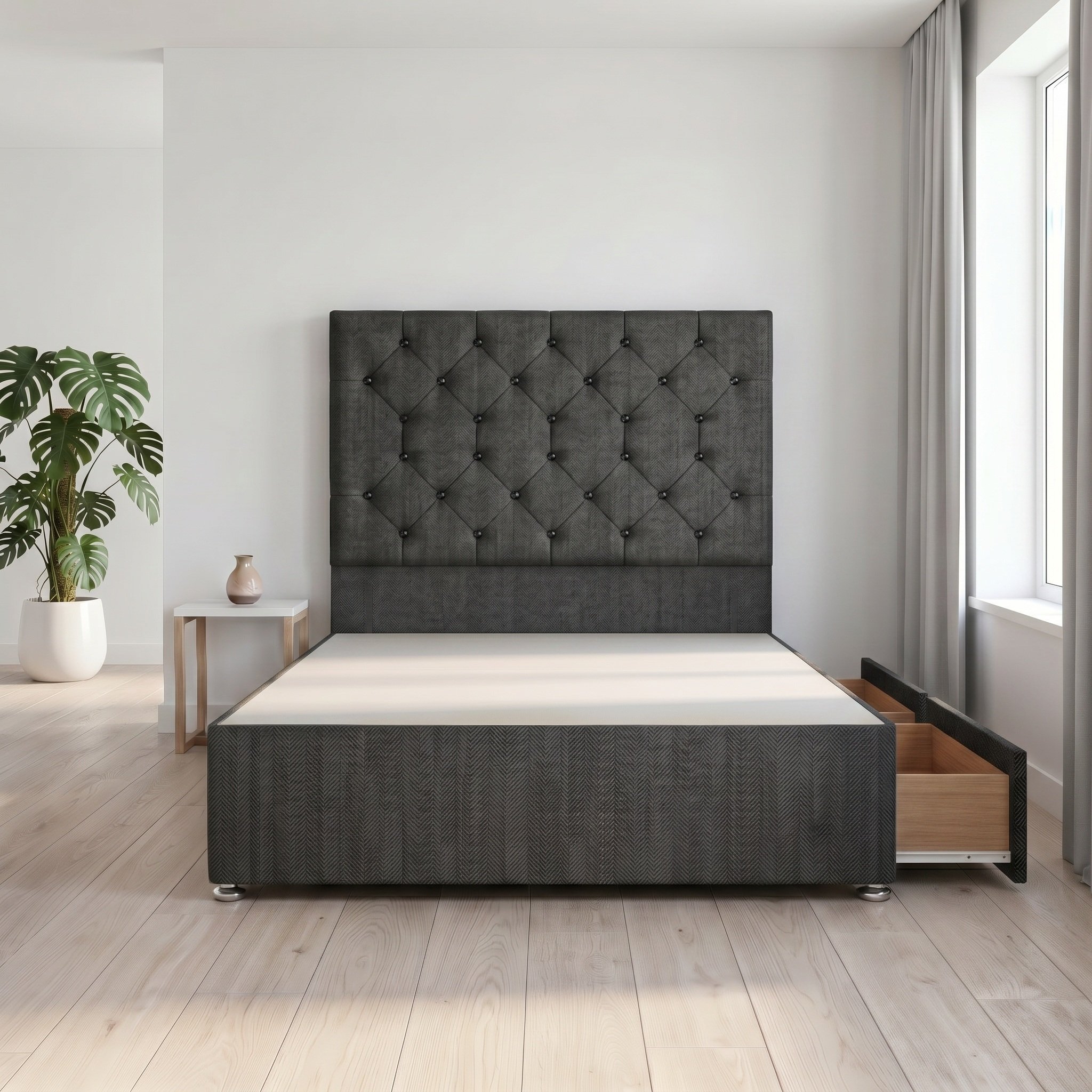 Somnior Diamante Tweed 3FT Single 2 Drawer Divan Bed Base - Charcoal