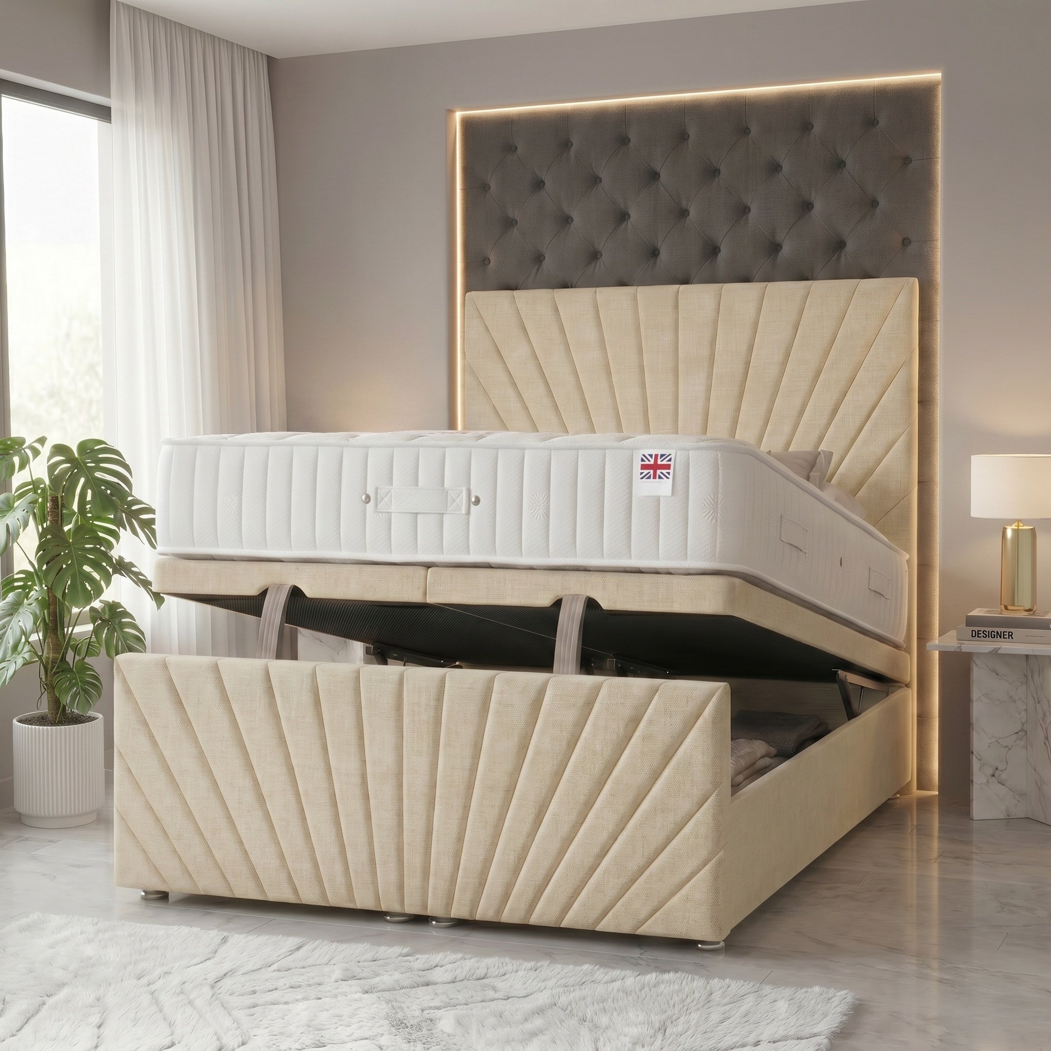 Somnior Linen Small Double Ottoman Divan Bed with Memory Mattress - Beige