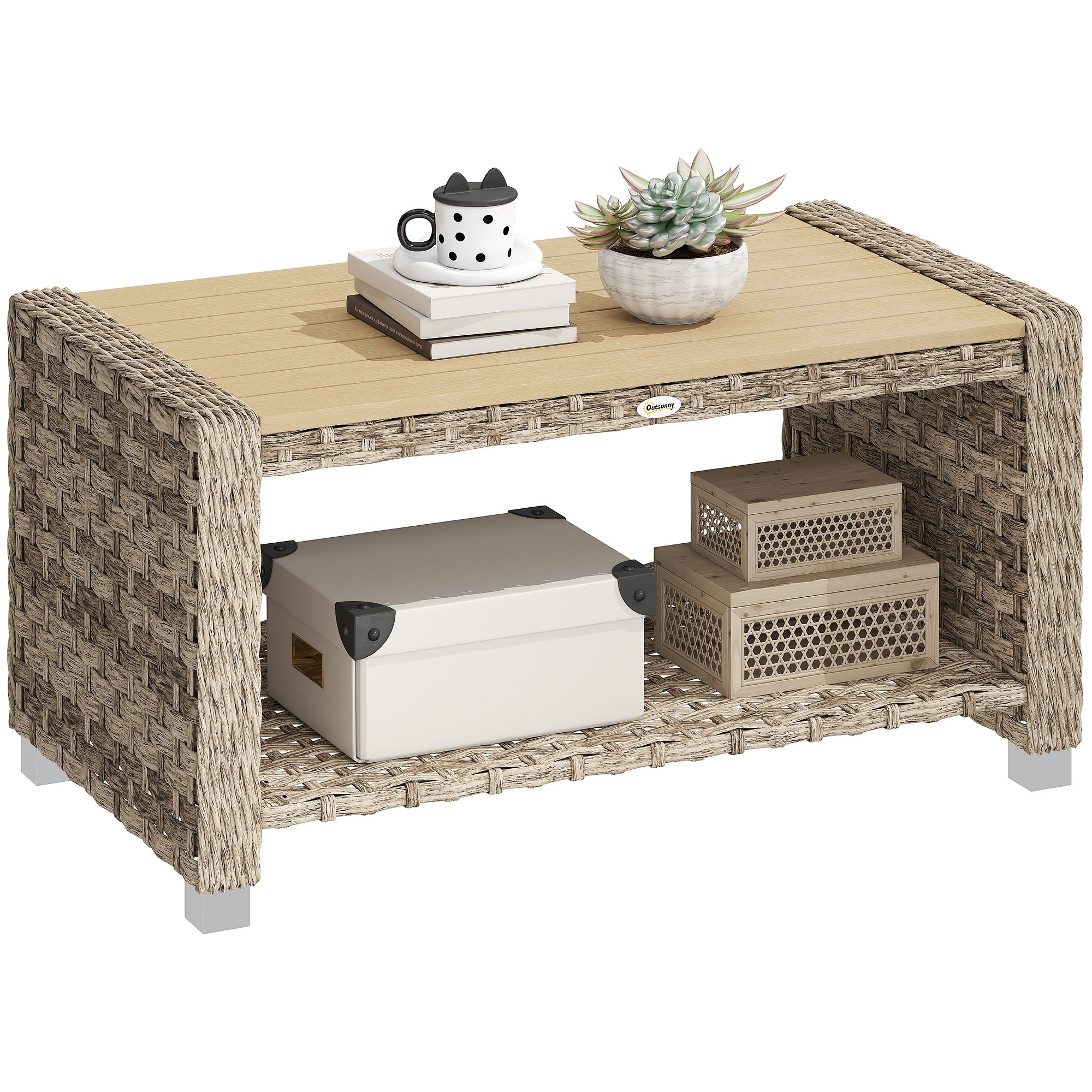 Outsunny PE Rattan Garden Side Table with Storage Shelf - Brown
