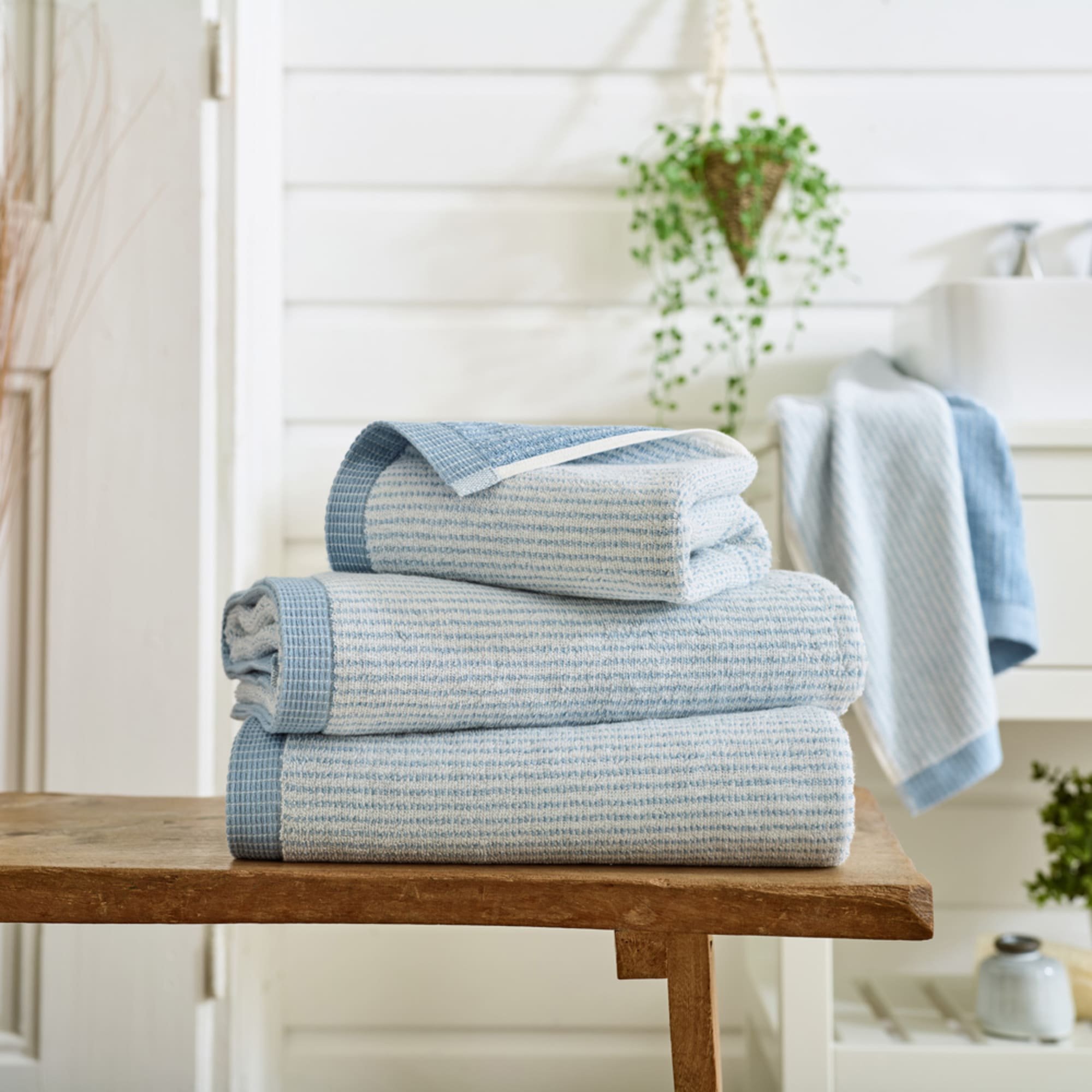 Deyongs Premium 100% Cotton Hand Towel Striped 550 GSM Willow Weave - Blue
