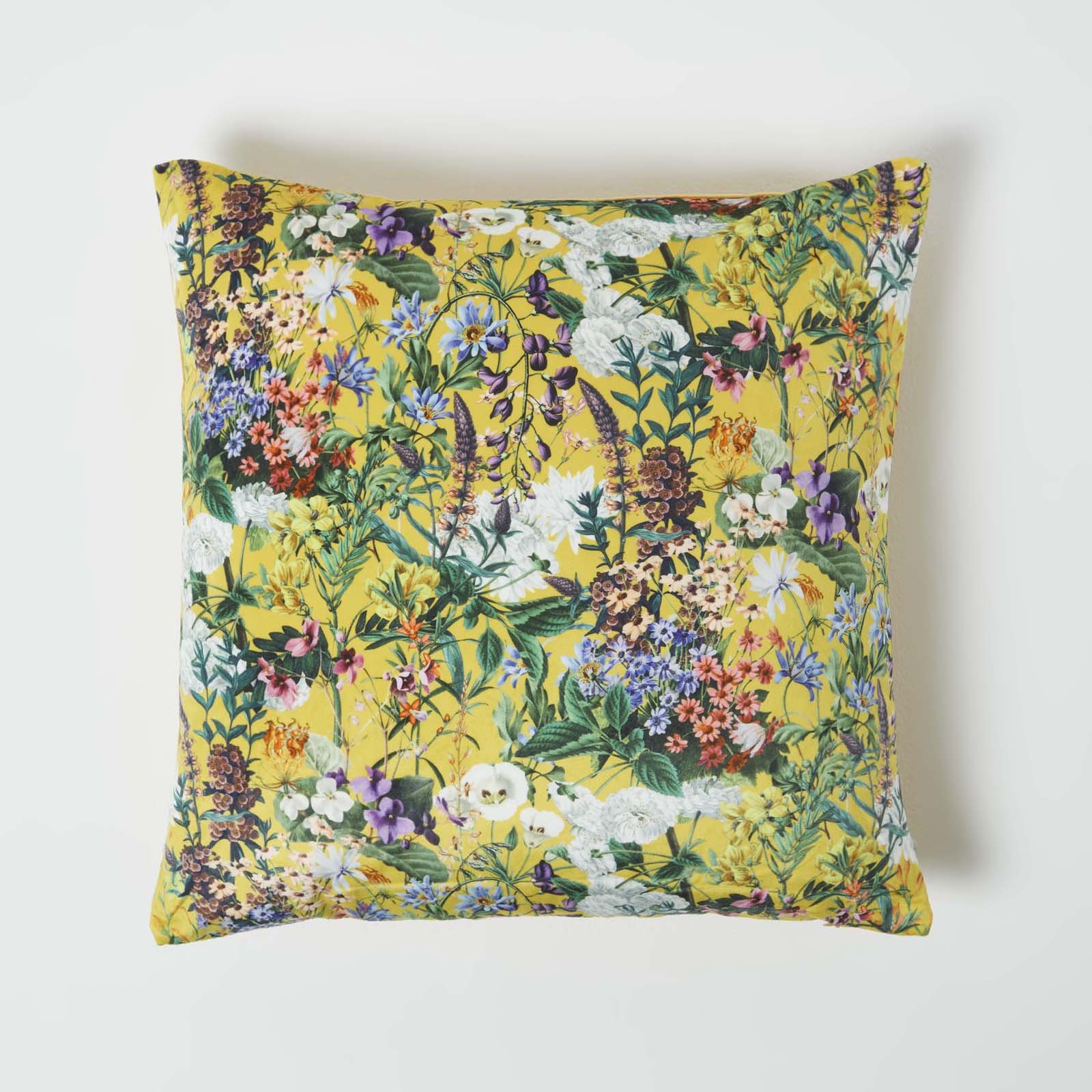 Homescapes Yellow Botanical Garden Floral Velvet Filled Cushion - 46 x 46 cm