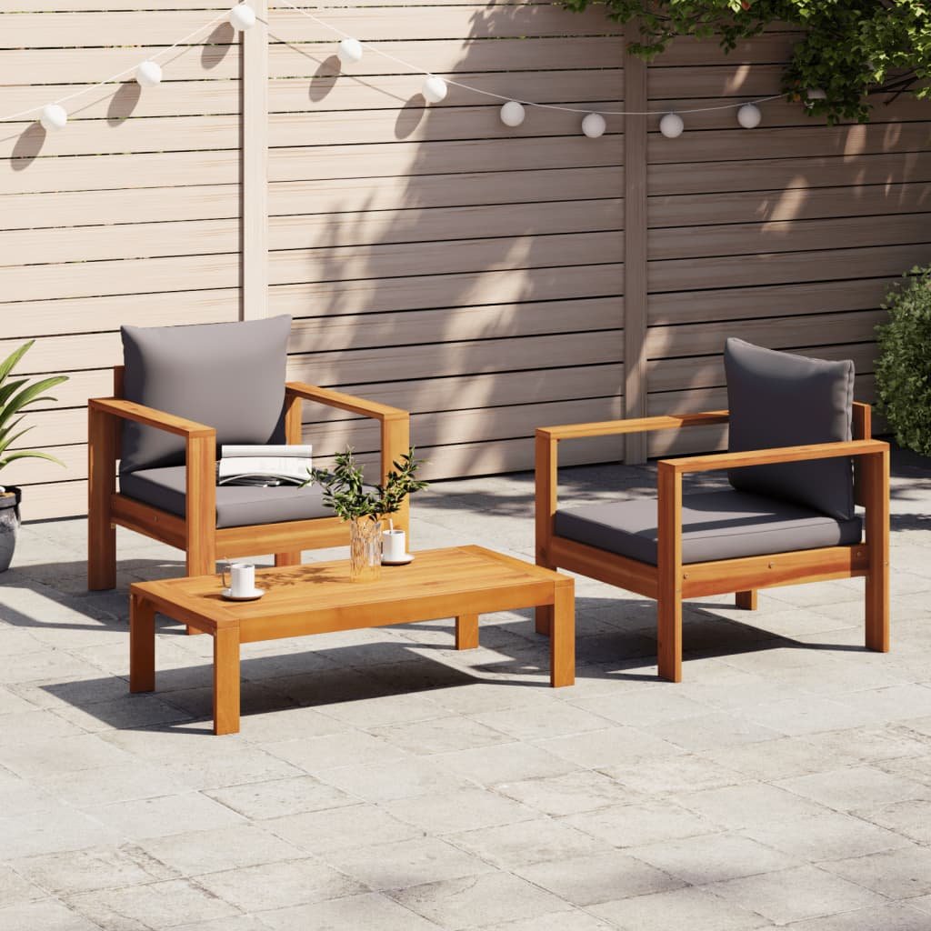 Walplus 3 Piece Solid Acacia Wood Garden Sofa Set - Grey - 100 x 50 x 27 cm