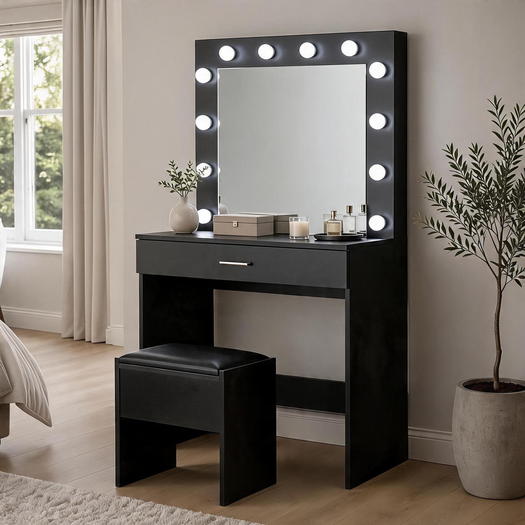 Home Source Ella 1 Drawer Illuminated Dressing Table Set - Black