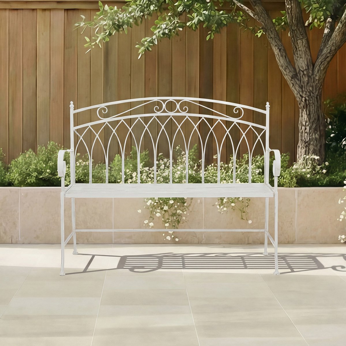Charles Bentley Decorative Rustic Metal Garden Bench - Antique White