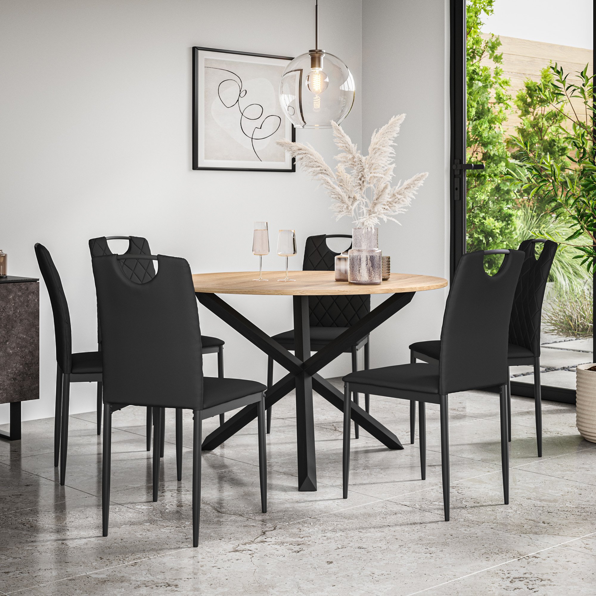 Furniture Online Malvern Monza Oak Table Dining Table & 6 Black Chairs