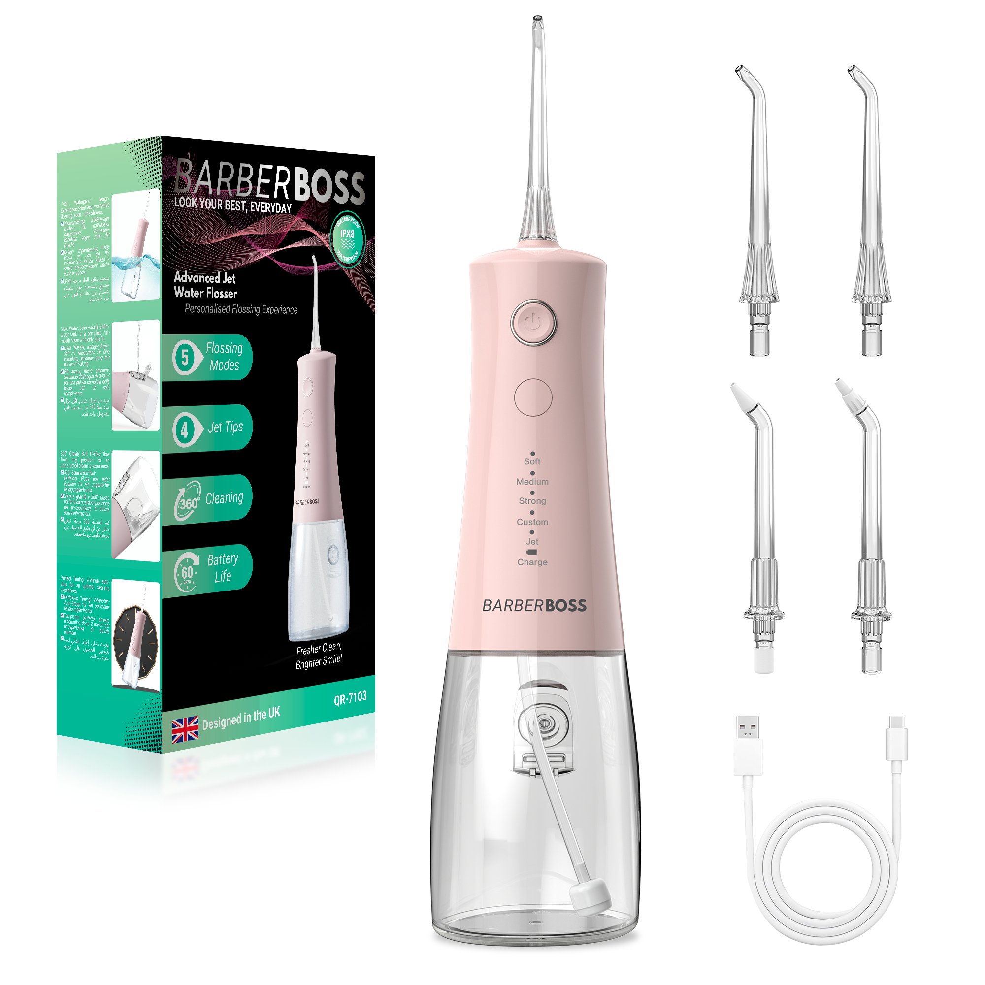 BarberBoss Advanced Jet Water Flosser Pink - 5 Modes & 4 Jet Tips
