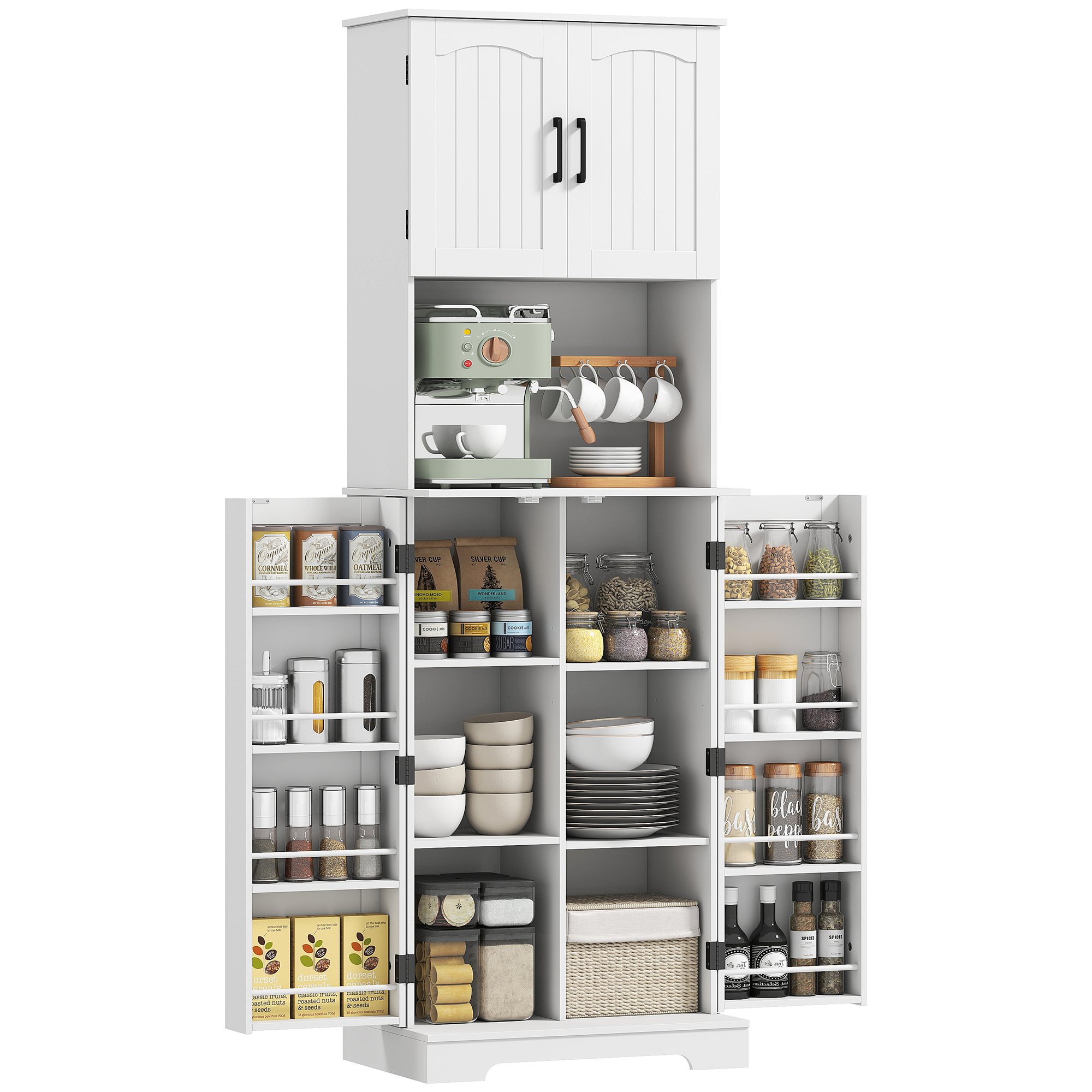 HOMCOM Tall Kitchen Cupboard with Adjustable Shelves and Doors - White
