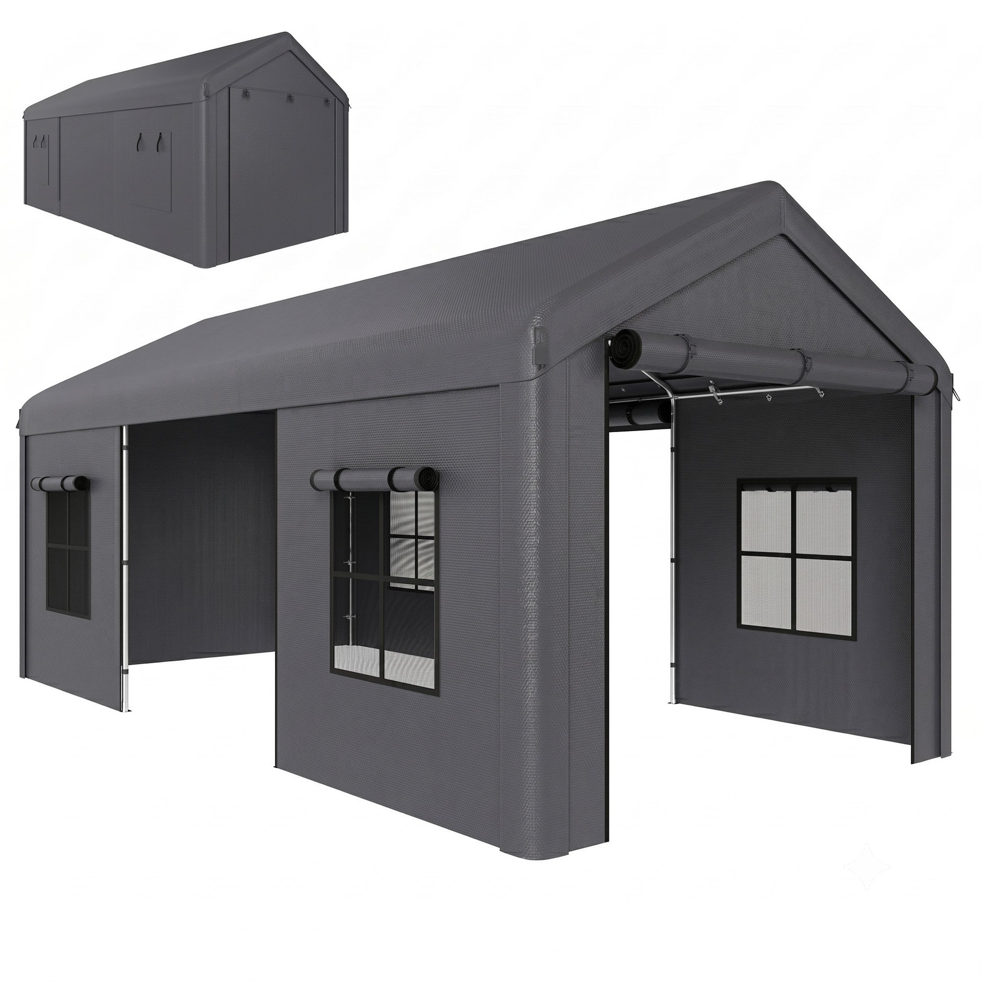 Outsunny Galvanised Frame Roll-Up Doors Mesh Windows Carport – Dark Grey