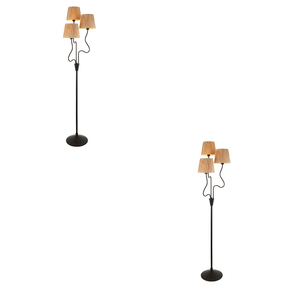 Loops Direct Set of 2 3-Arm Raffia Floor Lamps - Matt Black & Natural Raffia