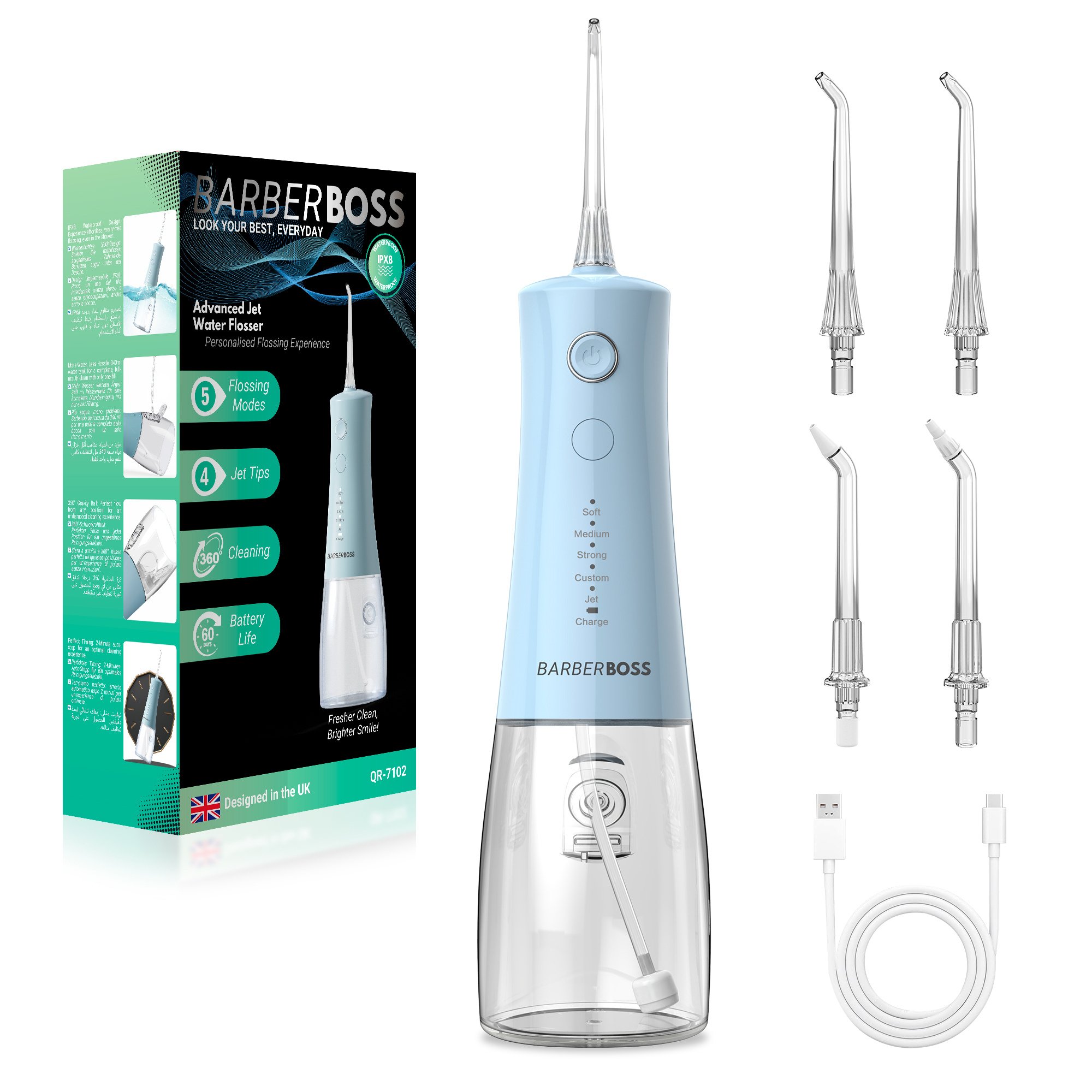 BarberBoss Advanced Jet Water Flosser Blue - 5 Modes & 4 Jet Tips