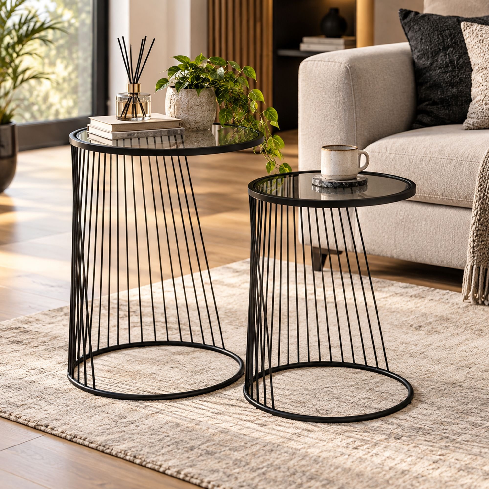 Orsina Trento Set of 2 Round Glass-Top Side Tables - Black and Grey