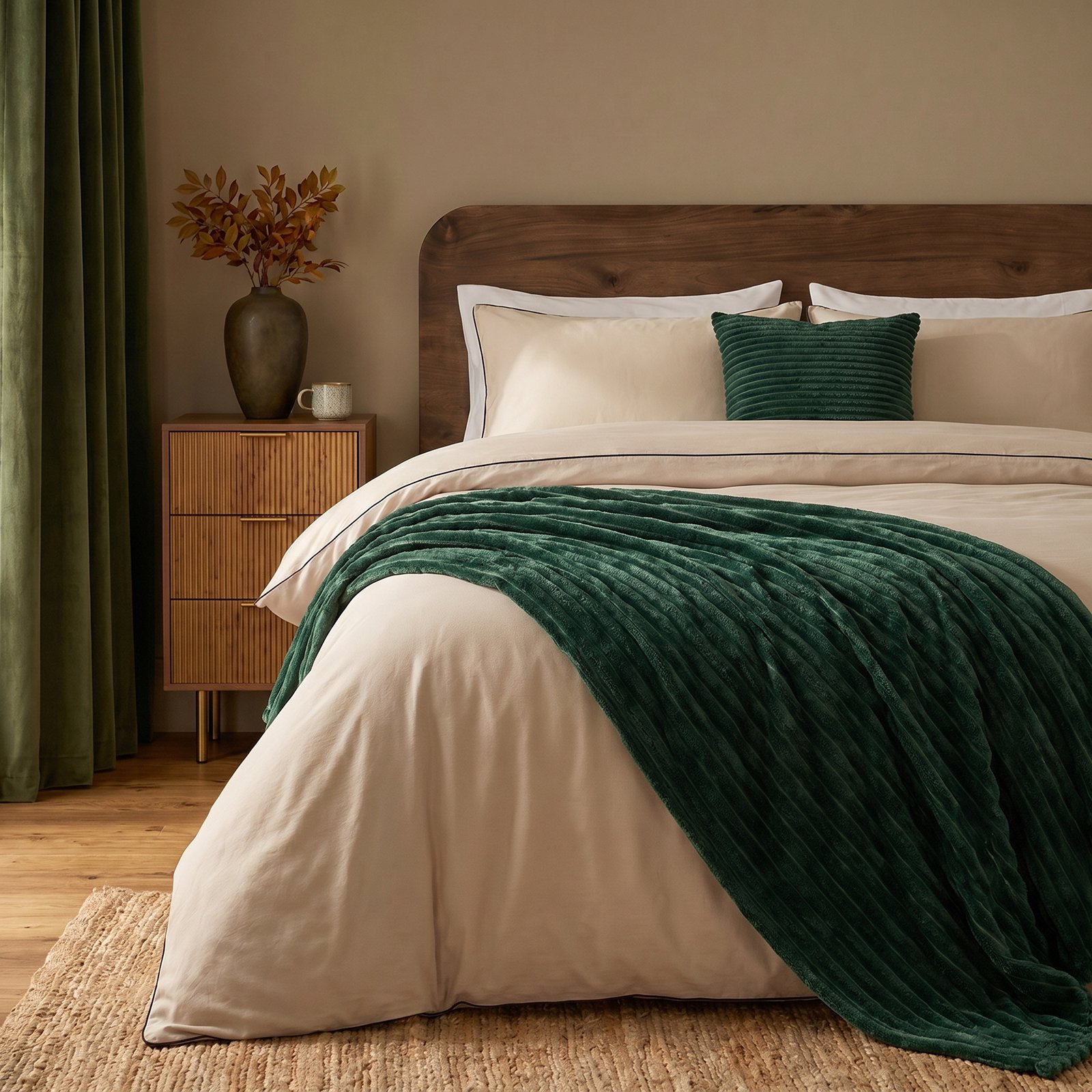OHS Faux Fur Thick Rib Blanket Throw 125 x 150cm - Green