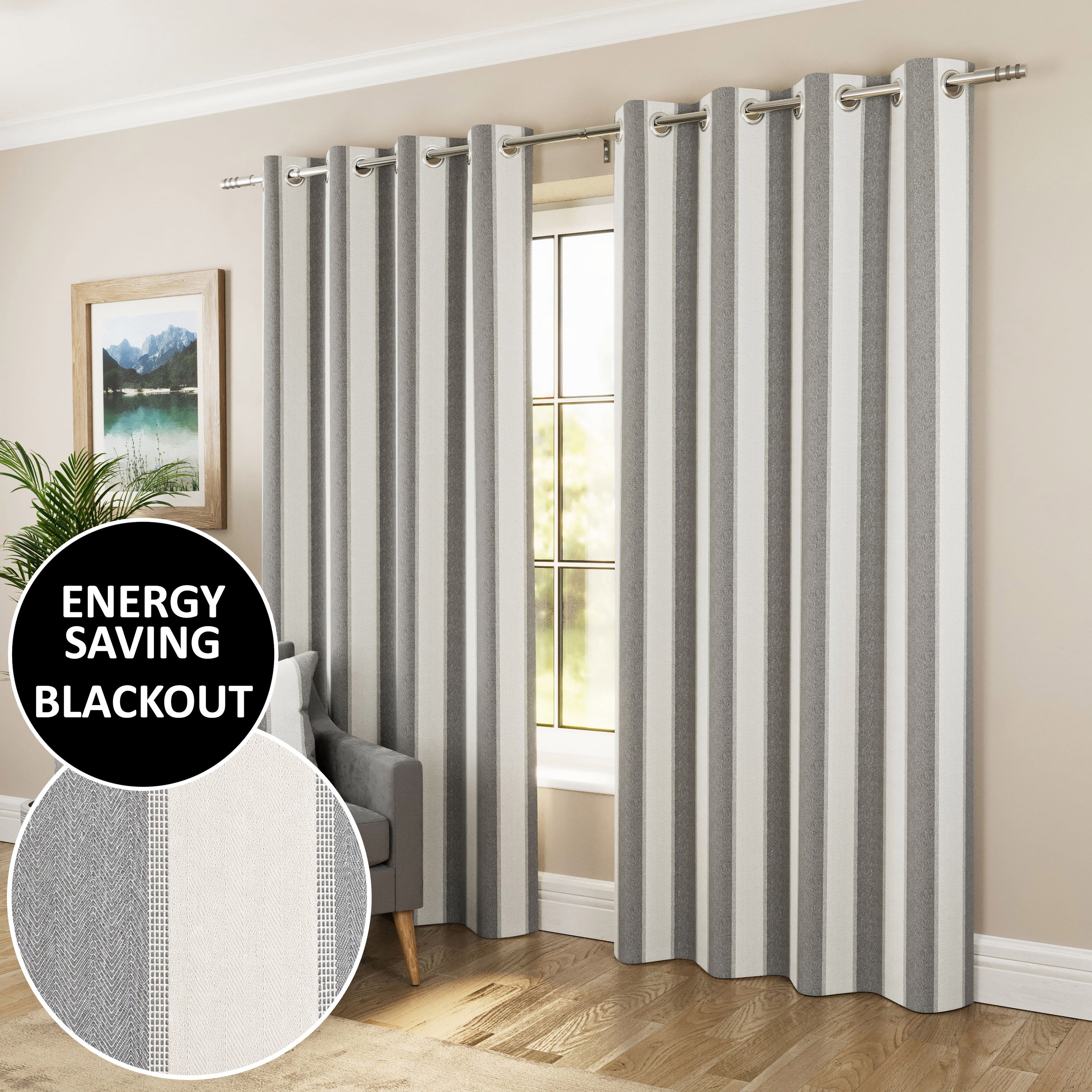 Enhanced Living Henley Striped Blackout Eyelet Curtains - 117 x 137cm - Grey