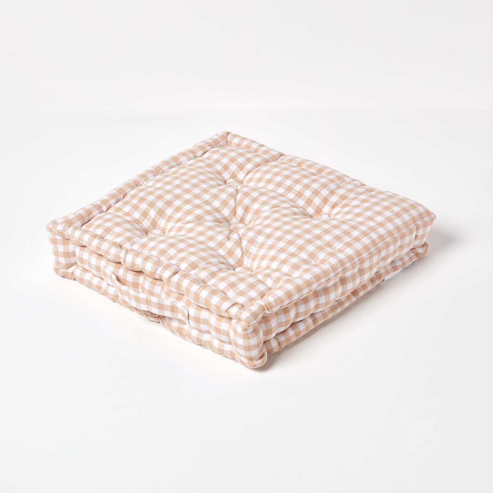 Homescapes Gingham Check Cotton Floor Cushion - 50 x 50 cm - Beige