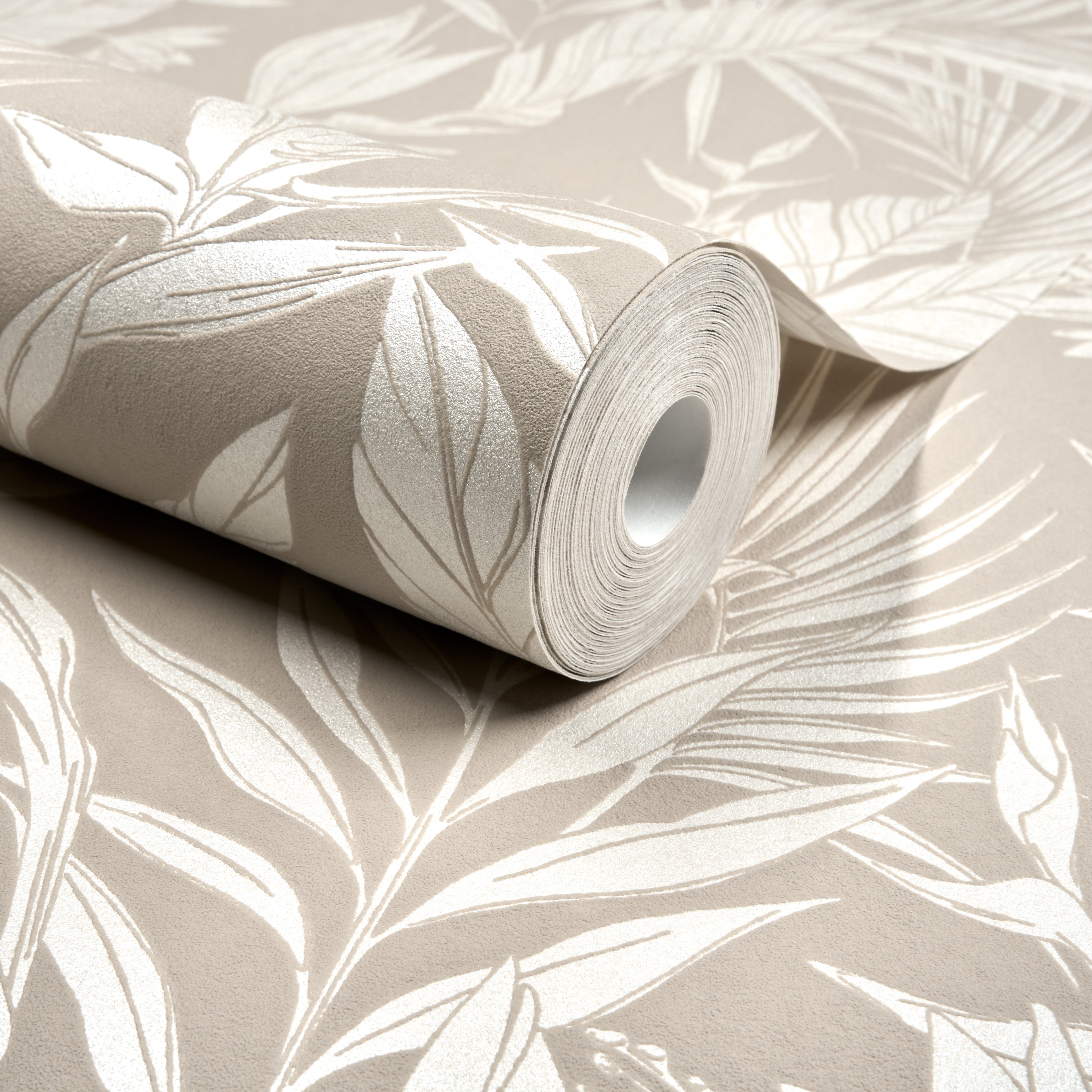 Grandeco Glistening Lucia Tropical Foliage Blown Vinyl Wallpaper - Beige