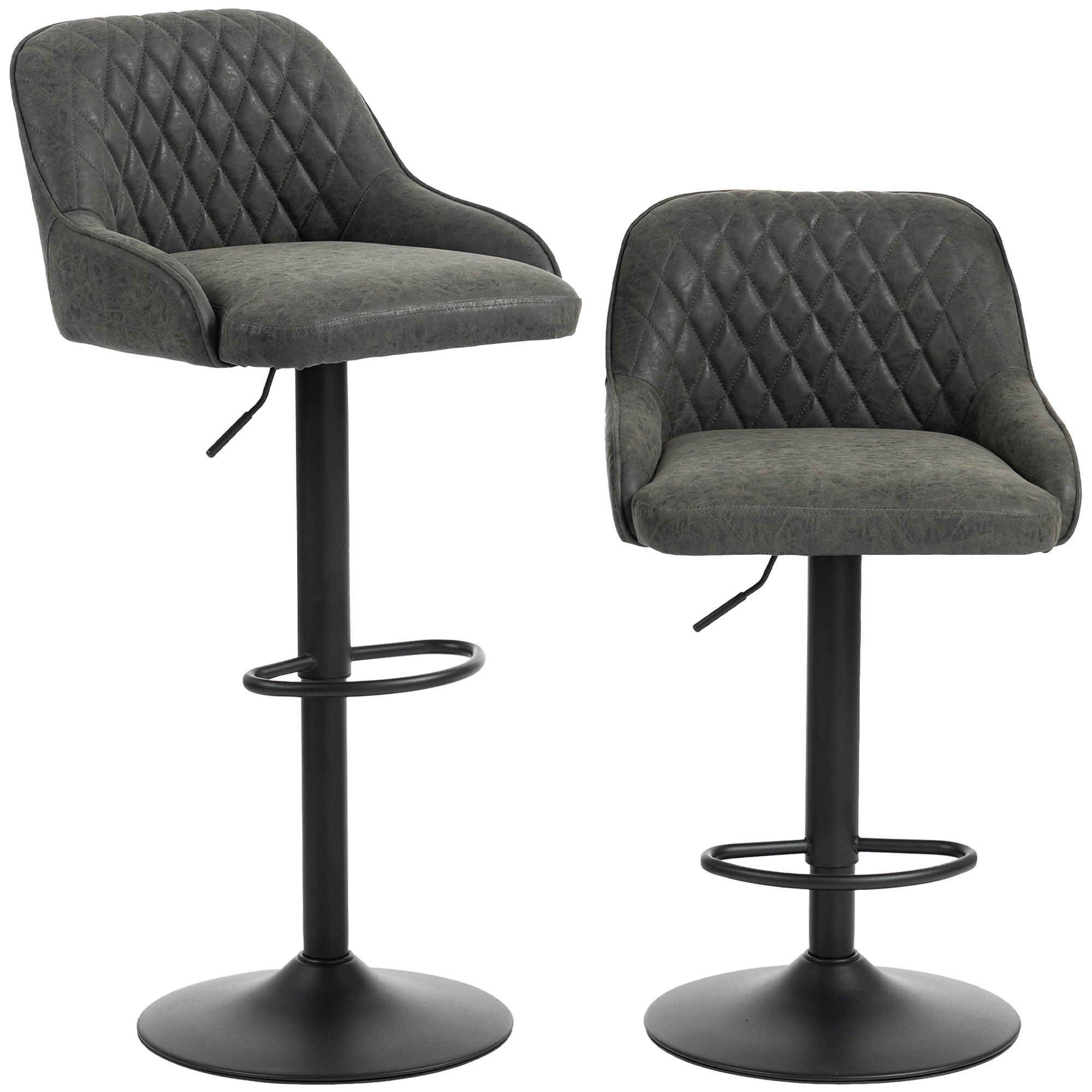 HOMCOM Set of 2 Wide Padded Seat Breakfast Bar Stools - Dark Grey