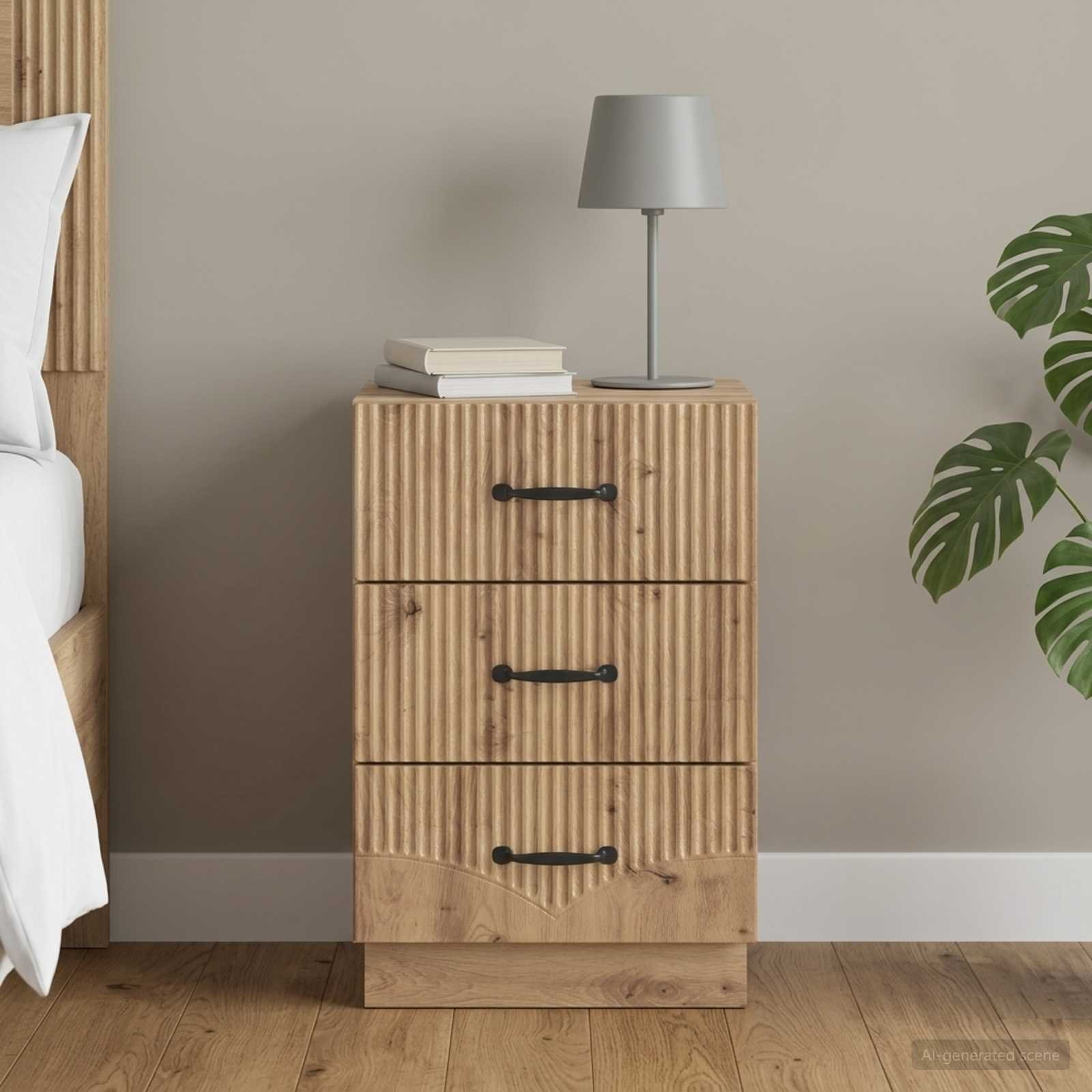 Walplus 3 Drawer Bedside Cabinet - Oak - 43 x 41 x 63.5 cm