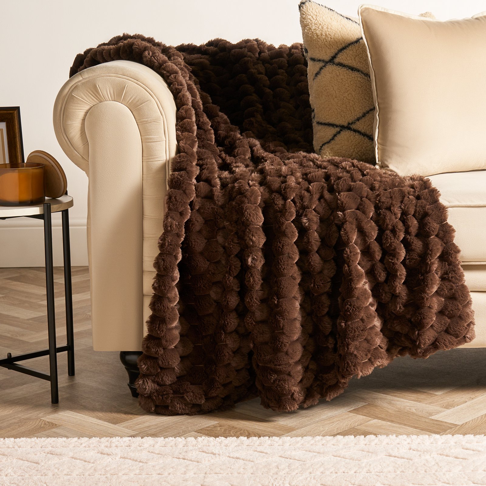 OHS Waffle Faux Fur Blanket Throw 125 x 150cm - Chocolate