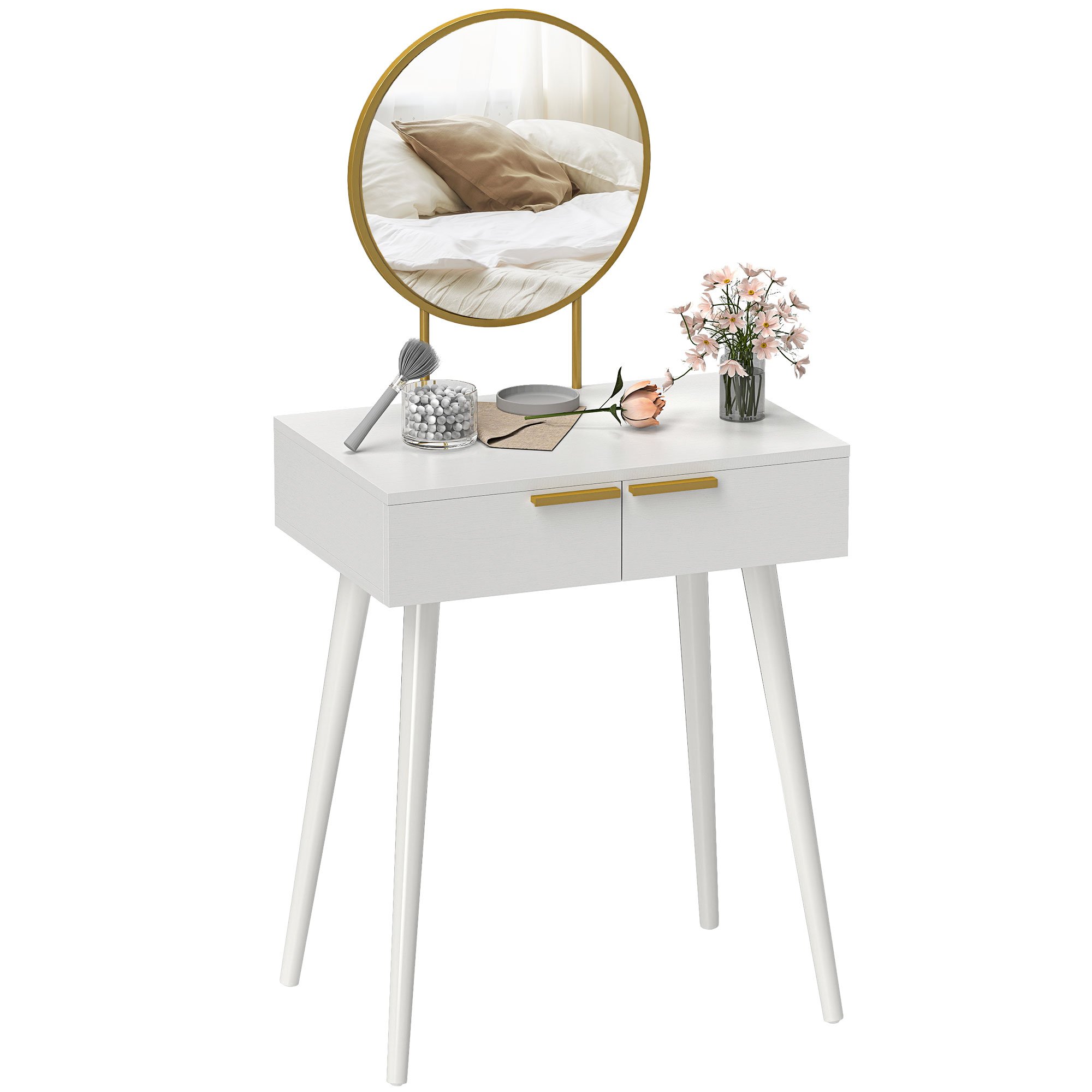 HOMCOM Modern Dressing Table with Round Mirror and 2 Drawers - White