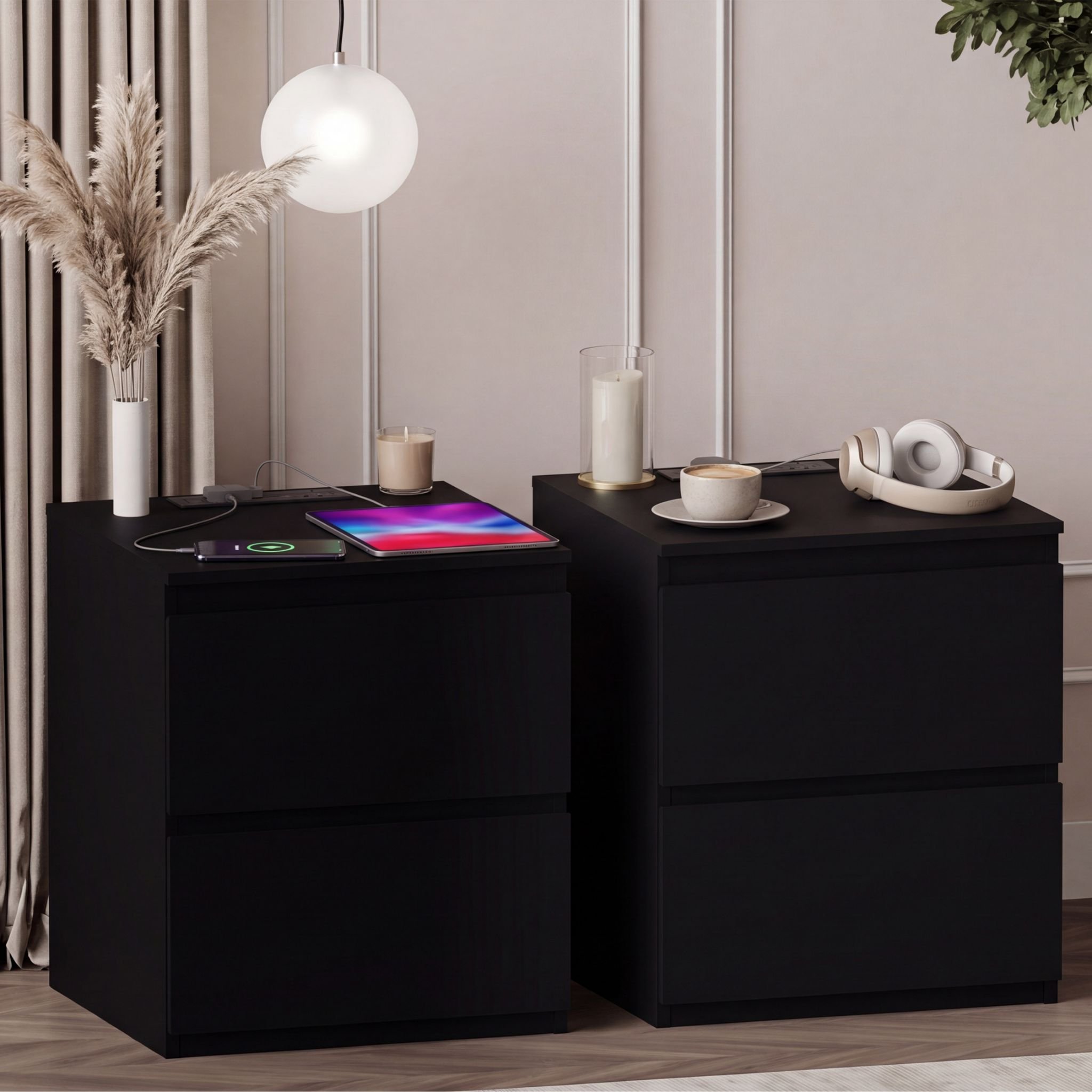 Vida Designs Denver 2 Drawer Bedside with Power Outlet - Set of 2 - Black