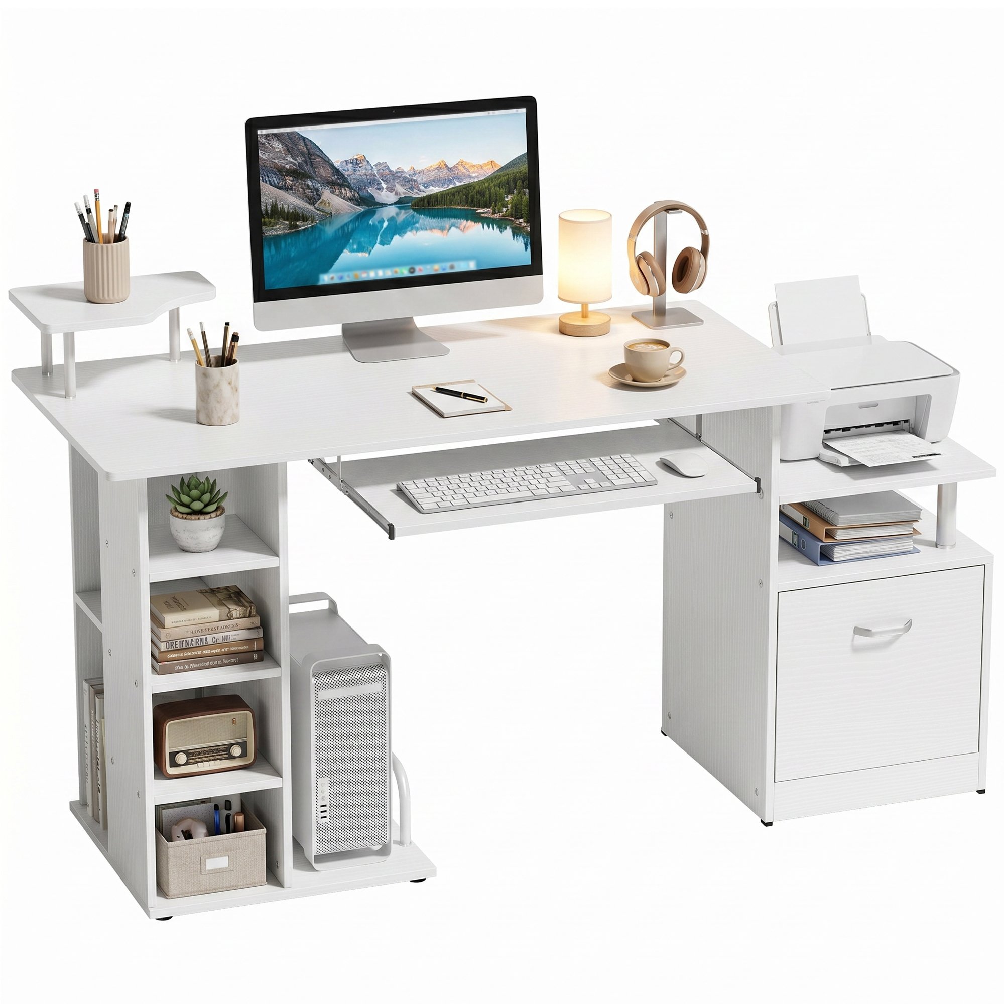 HOMCOM Computer Desk with Drawer Shelves and CPU Storage Rack - White