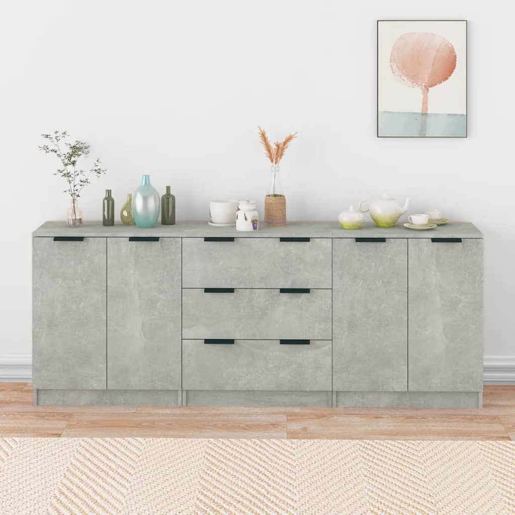 Walplus Pack of 3 Engineered Wood Sideboard - Concrete Grey - 60 x 30 x 70 cm