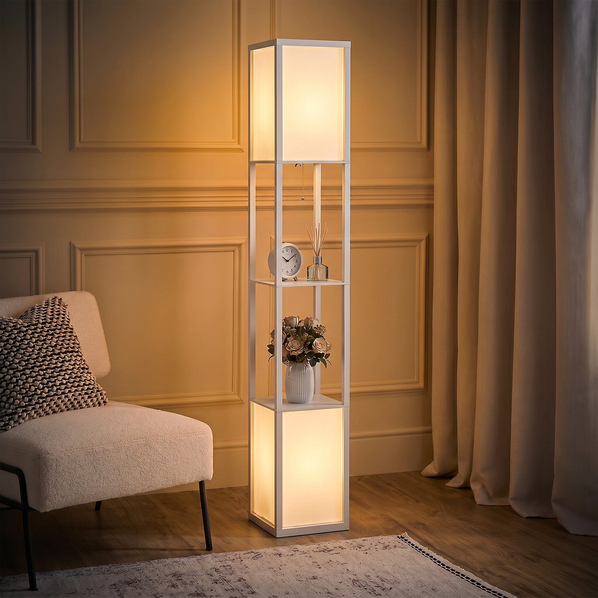 HOMCOM 3 Tier Floor Lamp with Shelves and Storage - White