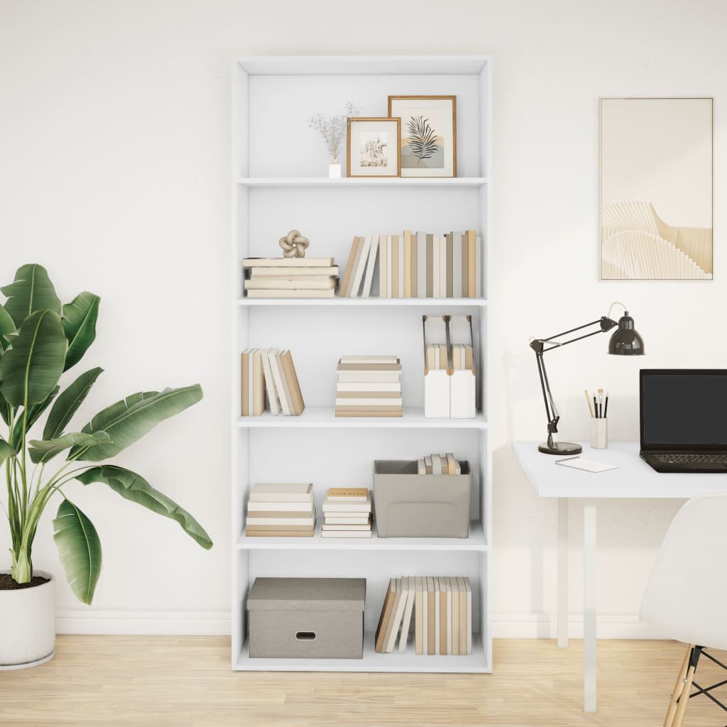 Walplus 5 Compartment Engineered Wood Book Cabinet - White - 80 x 30 x 189 cm