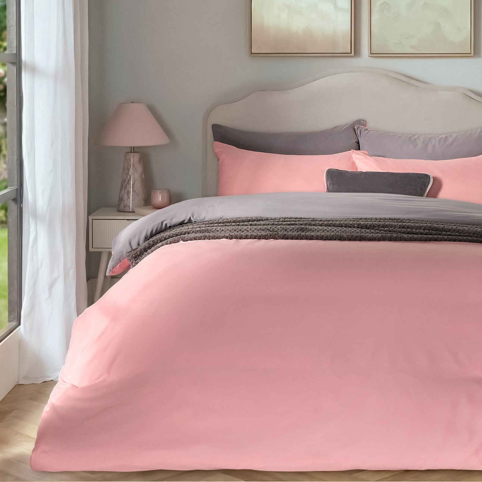 OHS Plain Dyed Reversible Duvet Cover Set Blush/Grey - Double